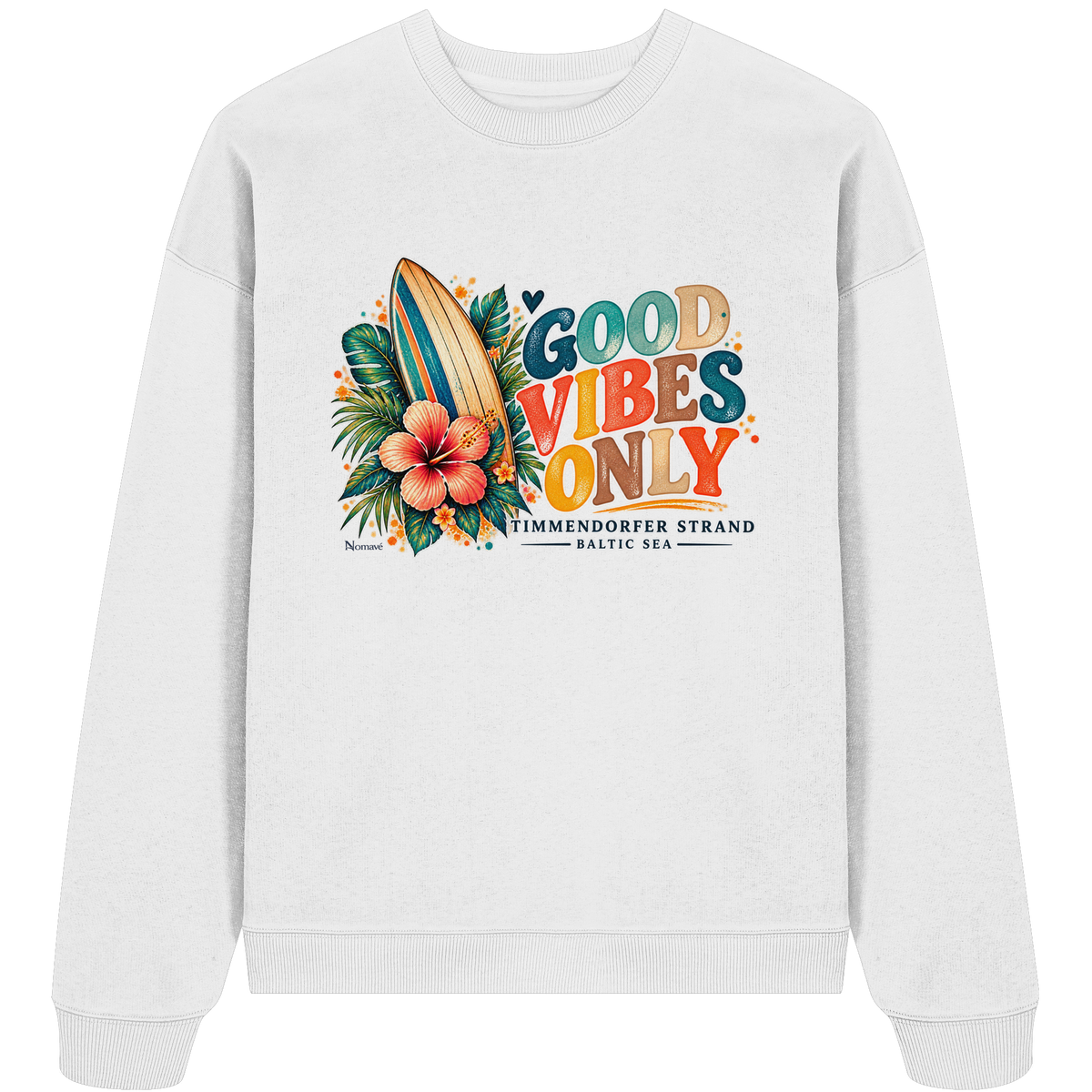 Timmendorfer Strand – Surf Vibes – Unisex Bio-Oversize-Sweatshirt mit Frontprint in Weiß – Shirtigo-Katalog-Vorderansicht.