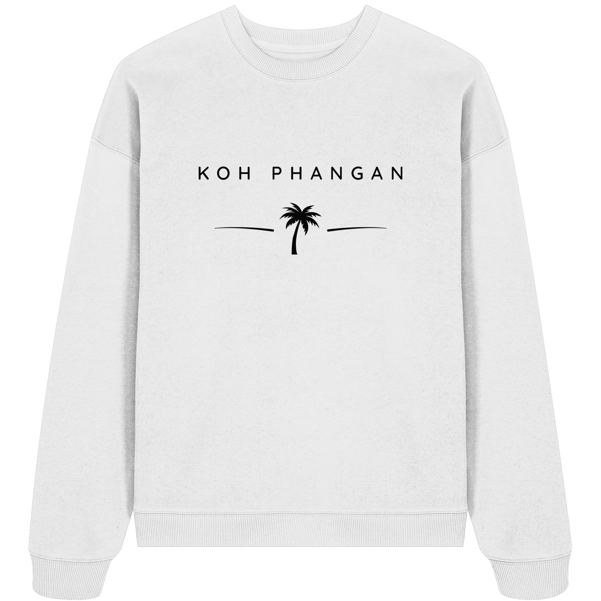 Frontansicht des Bio Oversize Sweatshirt in White mit Koh Phangan Minimal Palm Frontprint