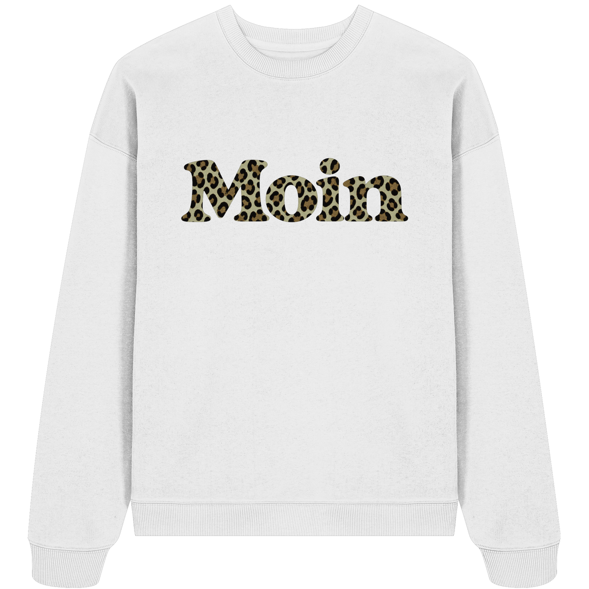 Bio Oversize Sweatshirt in White mit Moin-Leoprint in Sage Green als Frontprint, Original-Mockup.