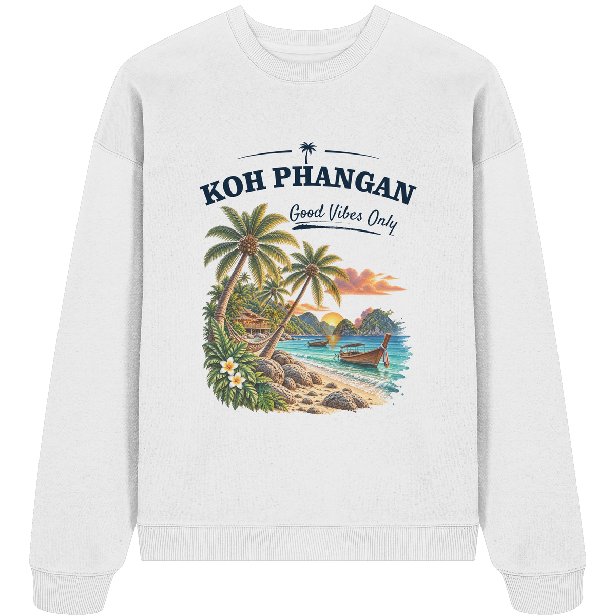 Koh Phangan Good Vibes Only – Bio Oversize Sweatshirt – Frontprint – Original-Mockup organic oversize sweatshirt white mit Motivdruck