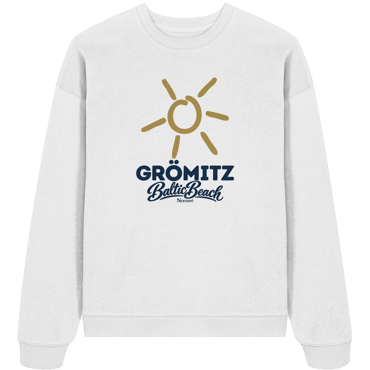 Bio Oversize Sweatshirt Grömitz Sonne Baltic Beach in White – Frontdruck mit goldener Sonne, Shirtigo-Originalmockup 2