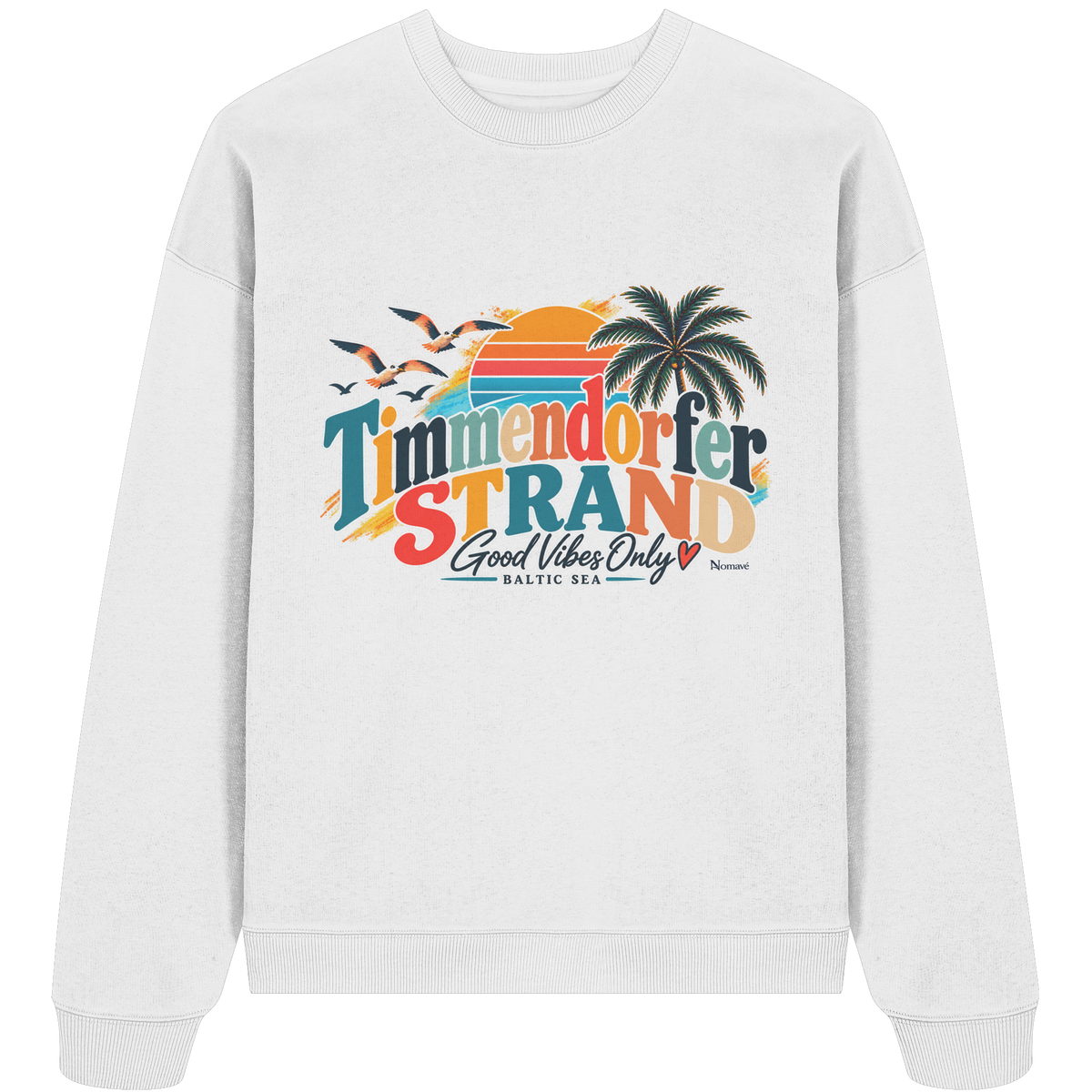 Unisex-Oversize-Sweatshirt in Weiß – Originalmockup der Vorderseite mit Timmendorfer-Strand-Good-Vibes-Only-Frontprint.