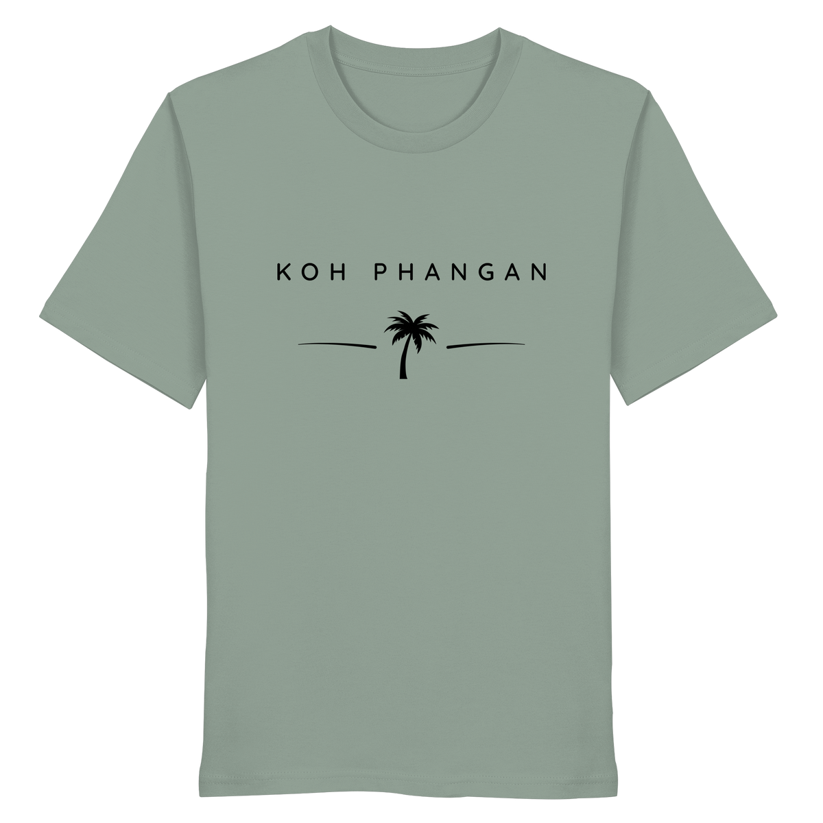 Frontansicht des Bio T-Shirt in Aloe mit Koh Phangan Minimal Palm Frontprint