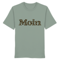 Original-Shirtigo-Mockup: Bio Unisex T-Shirt in Aloe mit „Moin“ im salbeigrünen Leoprint auf der Vorderseite
