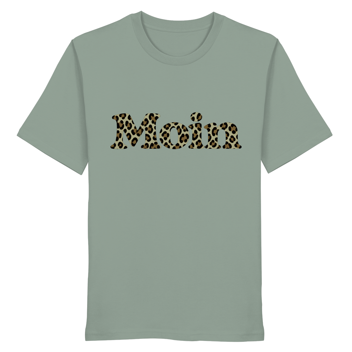 Original-Shirtigo-Mockup: Bio Unisex T-Shirt in Aloe mit „Moin“ im salbeigrünen Leoprint auf der Vorderseite