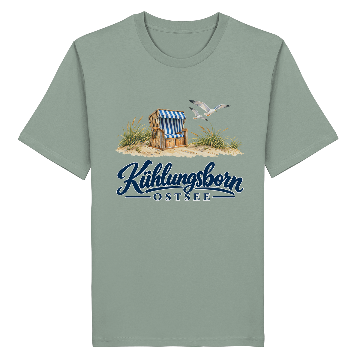 Bio-Unisex-T-Shirt Kühlungsborn – Strandkorb & Ostsee in Aloe, Shirtigo-Originalmockup der Vorderseite mit Strandkorbmotiv.