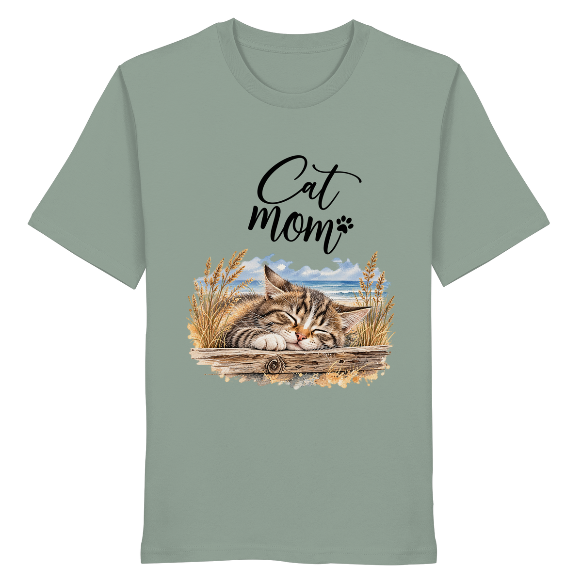 Unisex Bio-T-Shirt in Aloe mit Cat-Mom-Katzenmotiv als Frontprint – Vorderansicht im Original-Mockup.