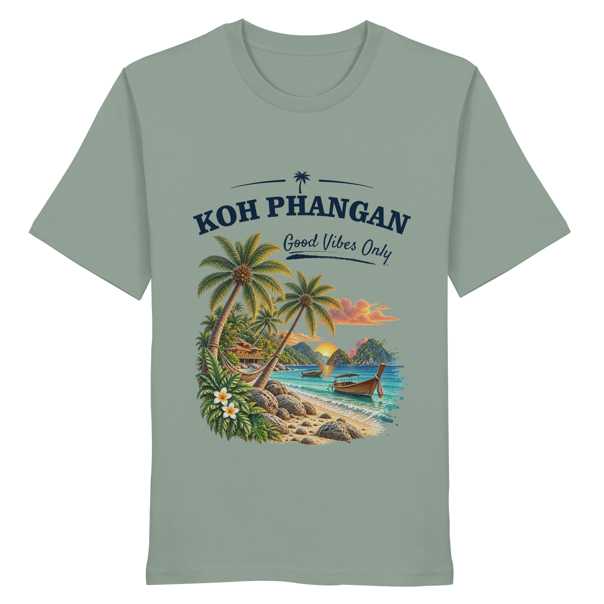 Koh Phangan Good Vibes Only – Bio T-Shirt – Original-Mockup organic shirt aloe mit Frontprint