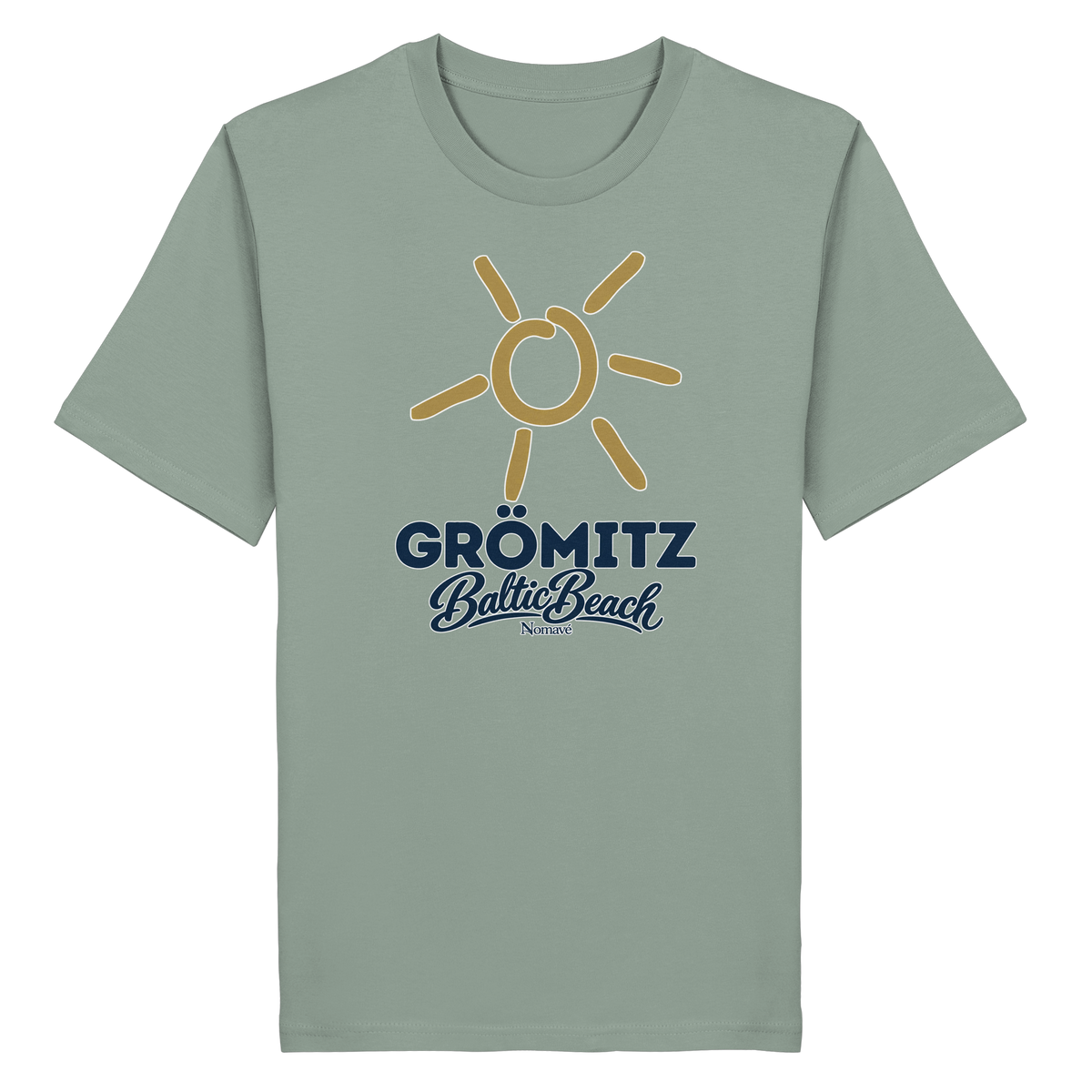 Bio Unisex T-Shirt Grömitz Sonne Baltic Beach – aloe, Frontdruck mit goldener Sonne, Shirtigo-Originalmockup 5