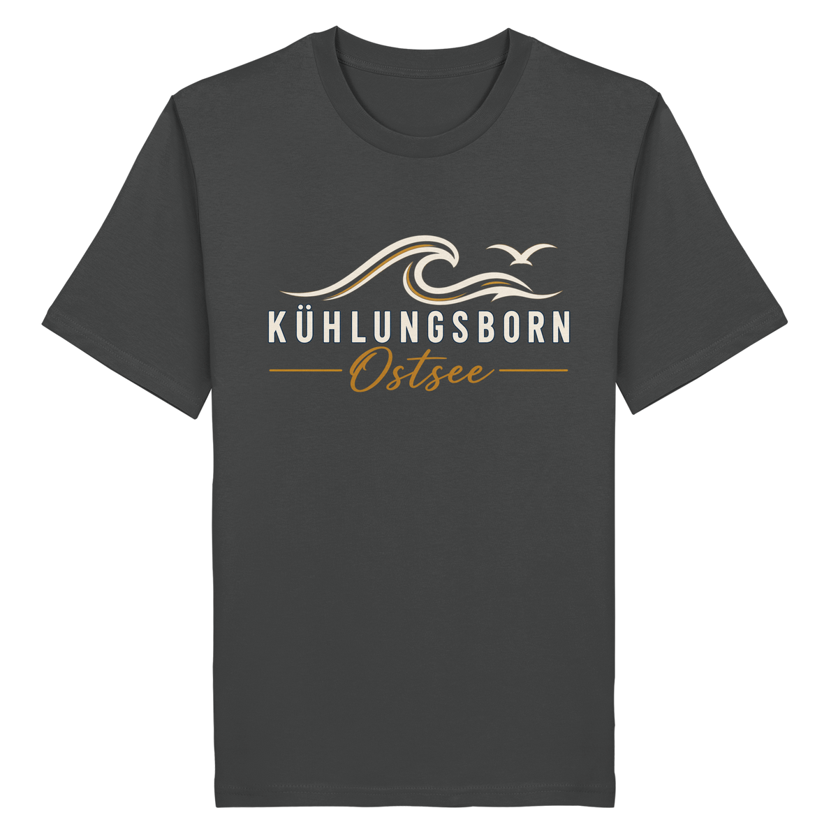 Kühlungsborn Baltic Waves Bio-Unisex-T-Shirt Dark Edition in Anthracite – originales Shirtigo-Produktmockup