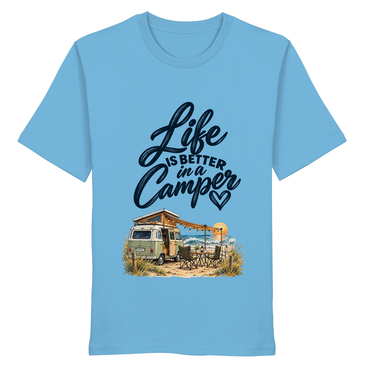 Bio T - Shirt mit „Life is better in a Camper“-Motiv – Vorderansicht in Aqua Blue für Vanlife- und Campingfans
