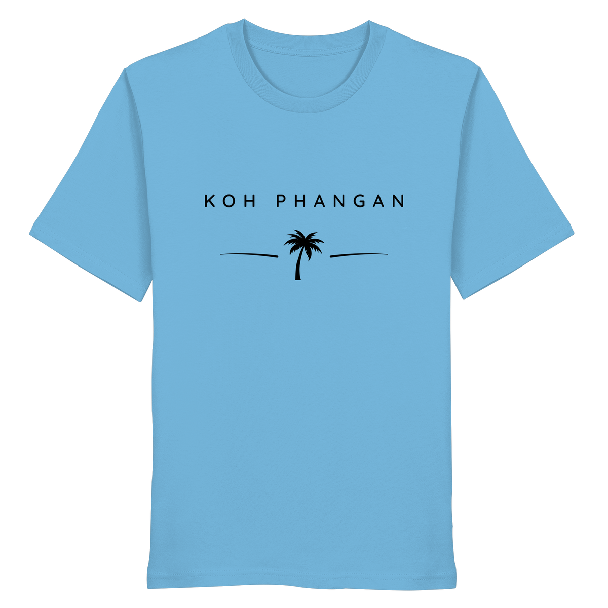 Frontansicht des Bio T-Shirt in Aqua Blue mit Koh Phangan Minimal Palm Frontprint