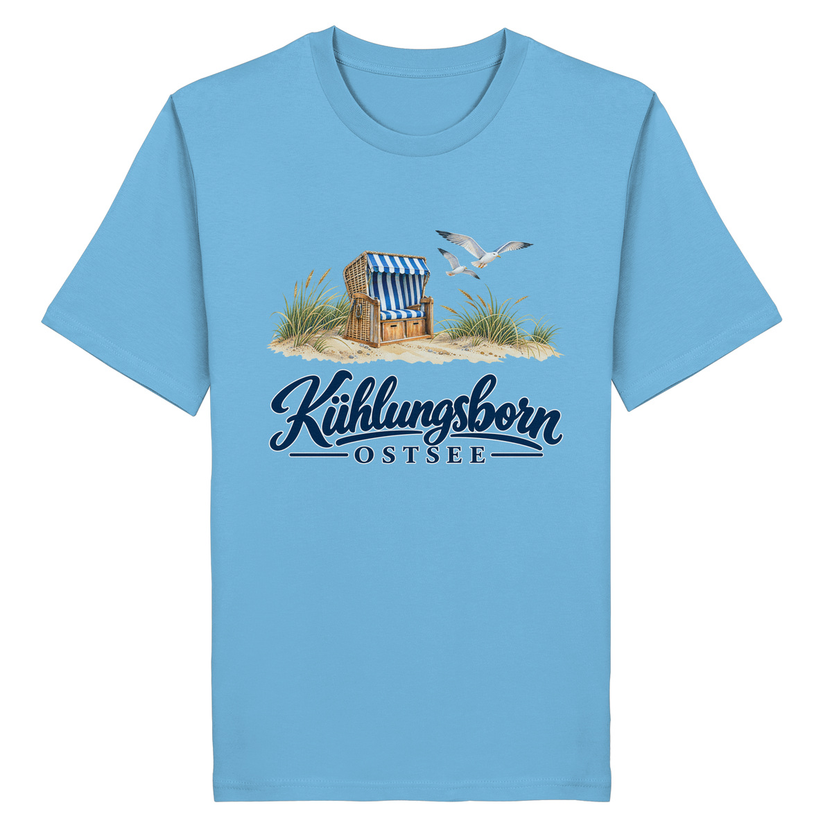 Bio-Unisex-T-Shirt Kühlungsborn – Strandkorb & Ostsee in Aqua Blue, Shirtigo-Originalmockup der Vorderseite mit Strandkorbmotiv.