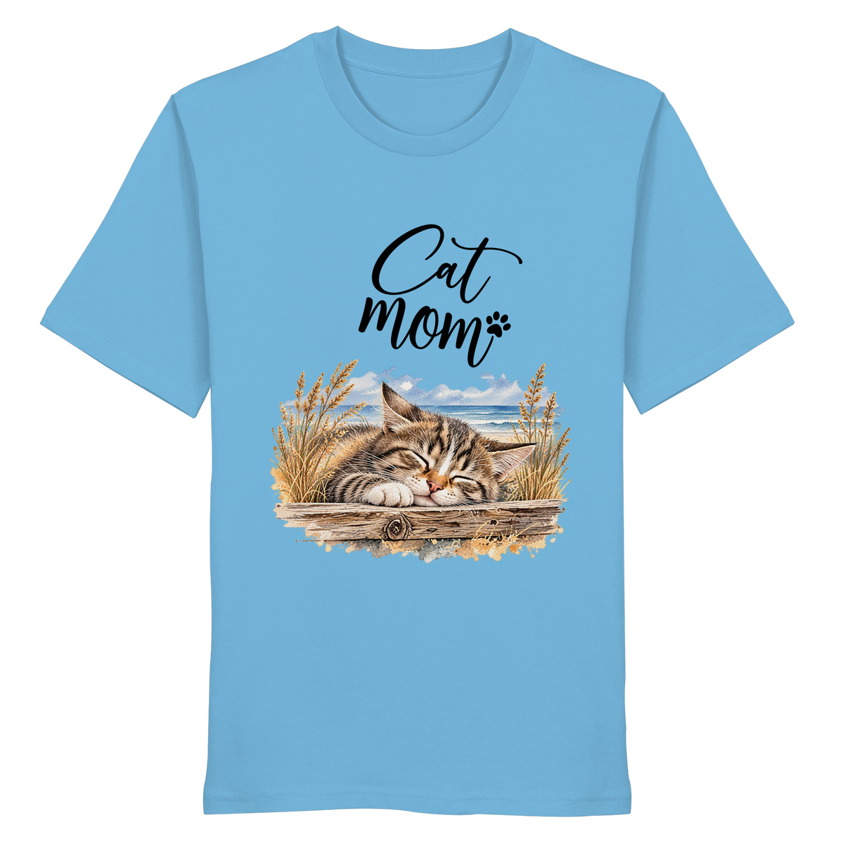 Unisex Bio-T-Shirt in Aqua Blue mit Cat-Mom-Katzenmotiv als Frontprint – Vorderansicht im Original-Mockup.