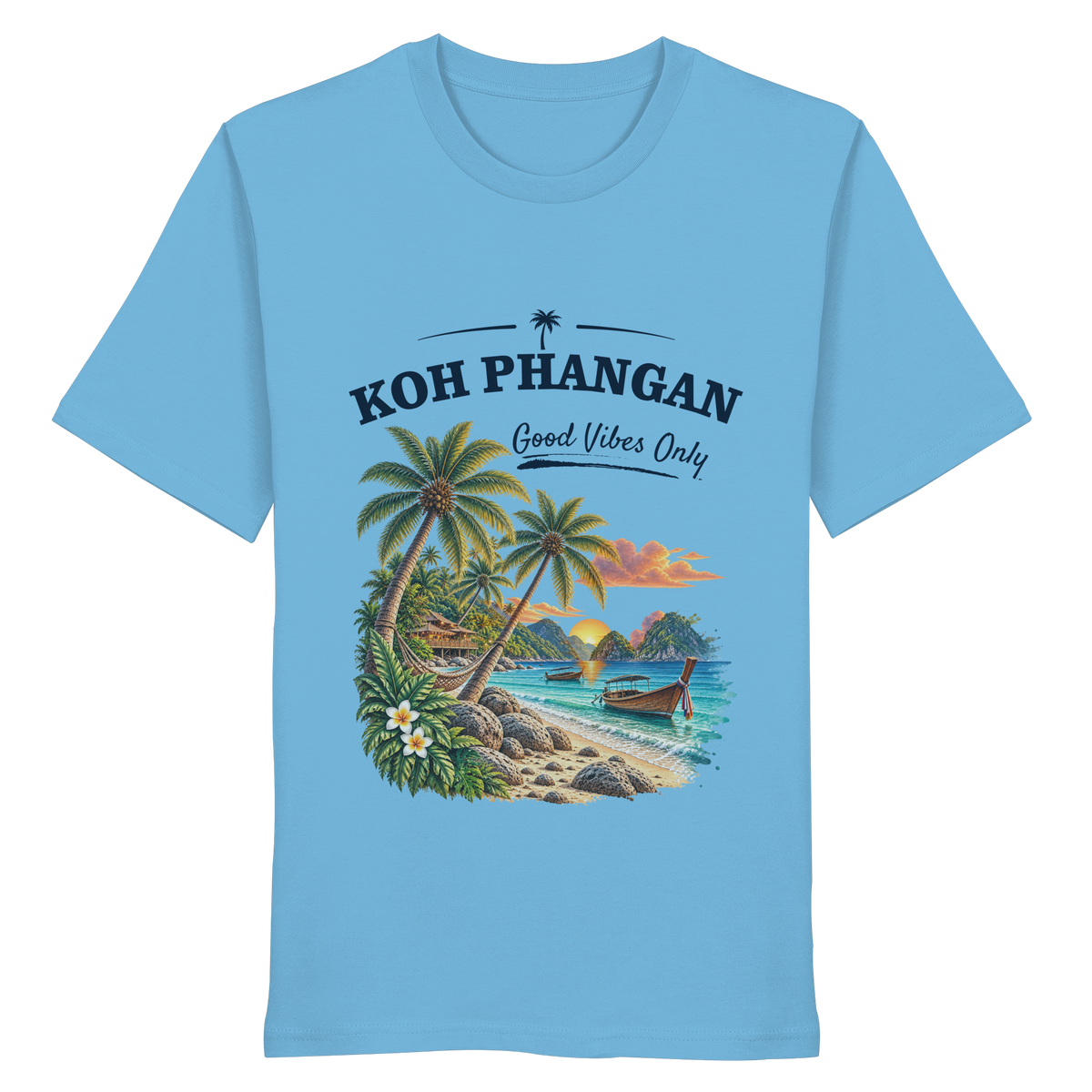 Koh Phangan Good Vibes Only – Bio T-Shirt – Original-Mockup organic shirt aqua blue mit Frontprint