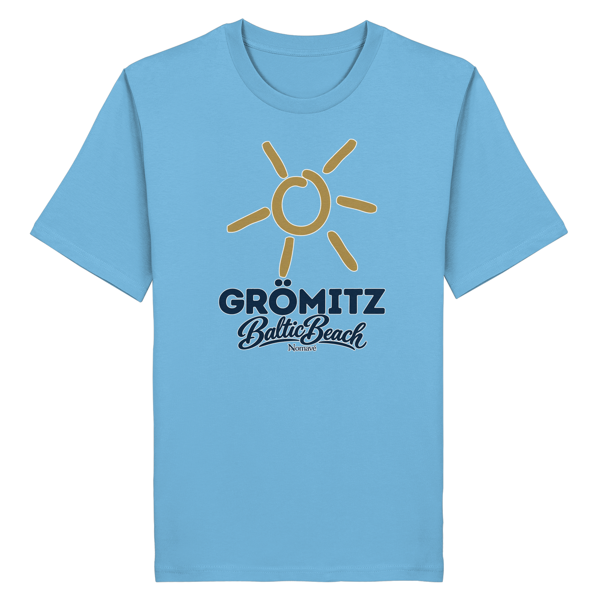 Bio Unisex T-Shirt Grömitz Sonne Baltic Beach – aqua blue, Frontdruck mit goldener Sonne, Shirtigo-Originalmockup 10