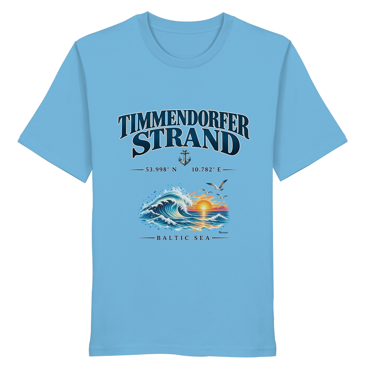 Original-Mockup 10: Unisex Bio-T-Shirt in Aqua Blue mit Timmendorfer Strand – Baltic Sea Frontprint.