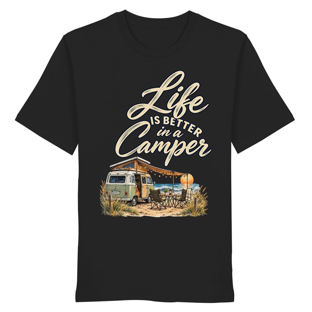 Bio T-Shirt in Black mit „Life is better in a Camper“-Motiv – Vorderansicht für Vanlife- und Campingfans