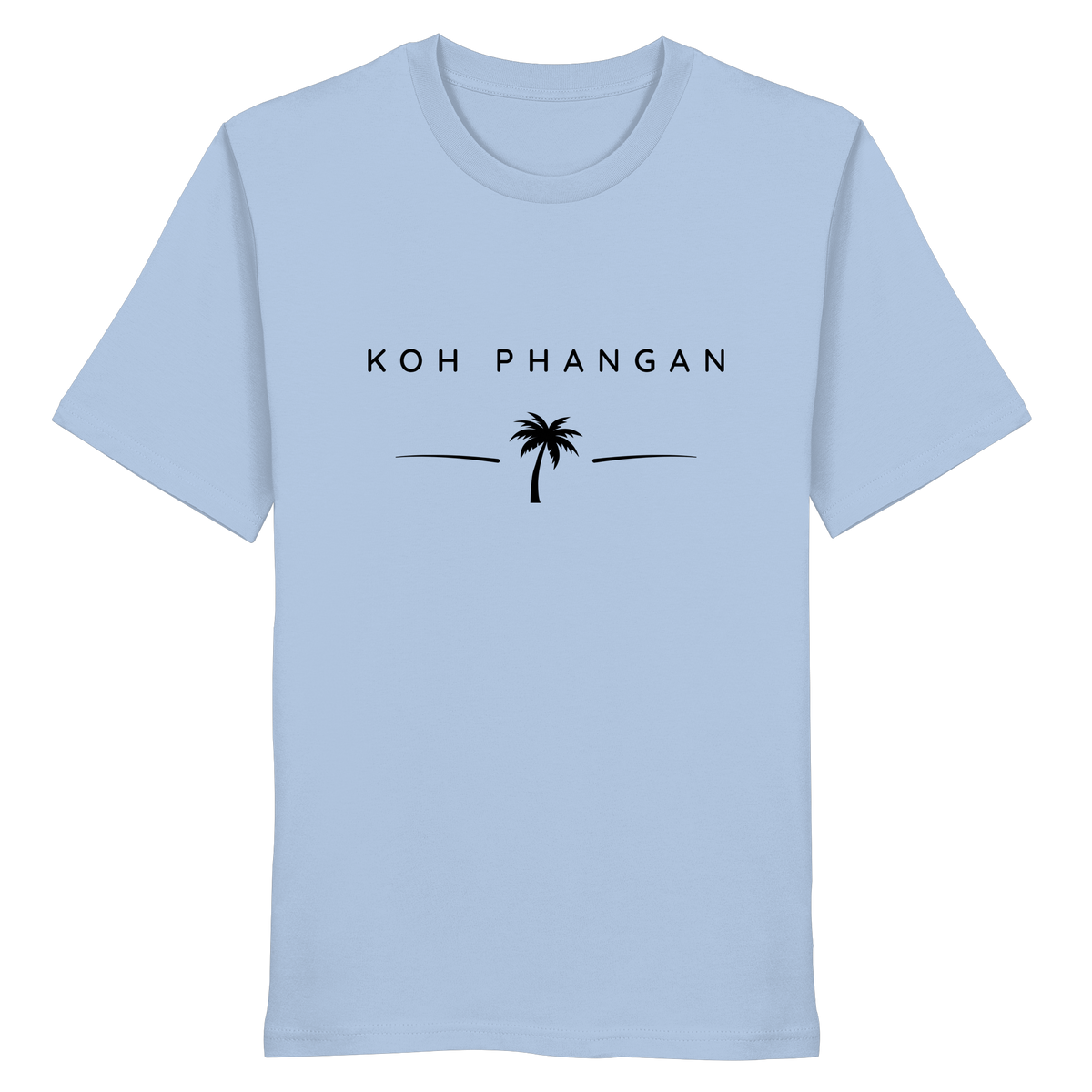 Frontansicht des Bio T-Shirt in Blue Soul mit Koh Phangan Minimal Palm Frontprint
