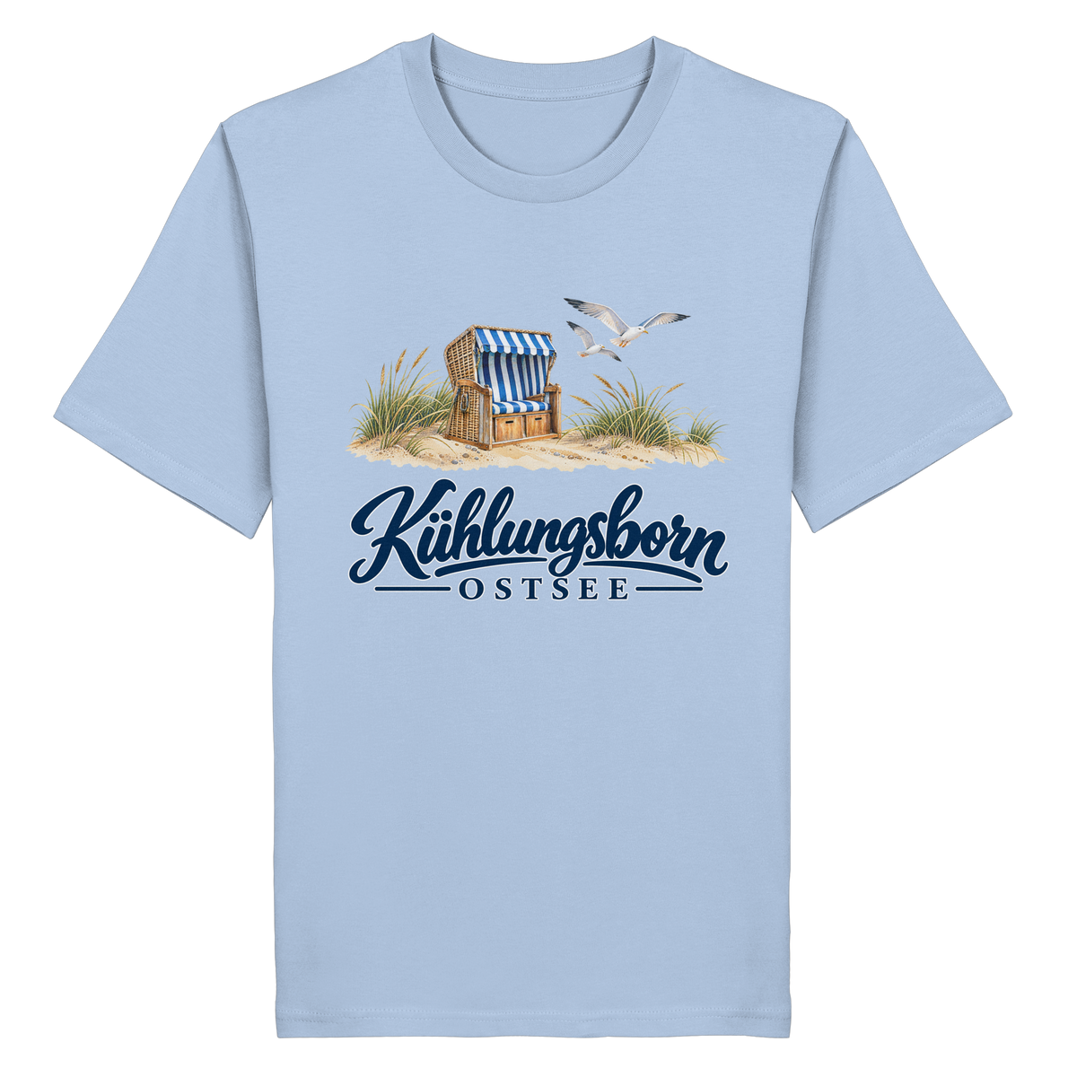 Bio-Unisex-T-Shirt Kühlungsborn – Strandkorb & Ostsee in Blue Soul, Shirtigo-Originalmockup der Vorderseite mit Strandkorbmotiv.