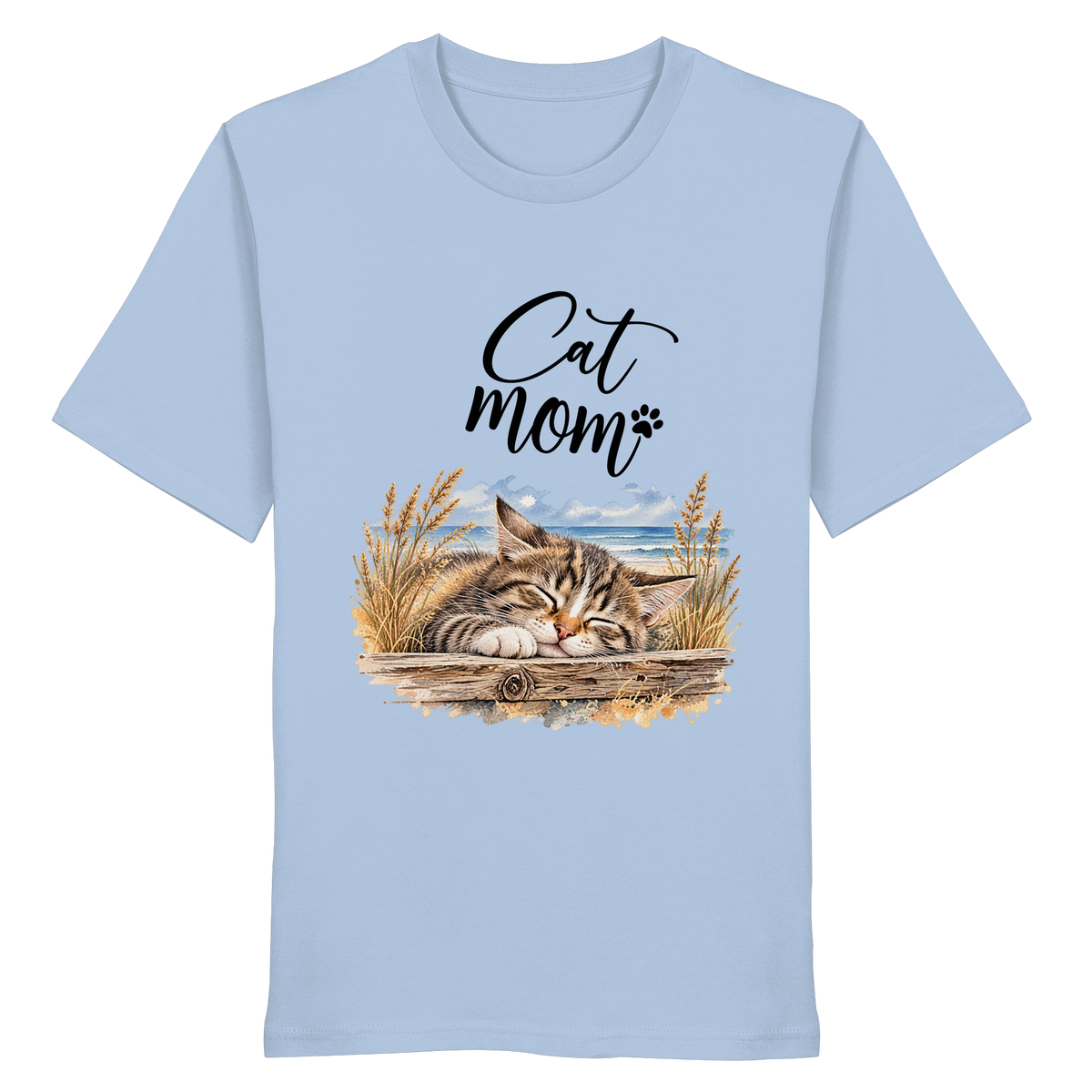 Unisex Bio-T-Shirt in Blue Soul mit Cat-Mom-Katzenmotiv als Frontprint – Vorderansicht im Original-Mockup.
