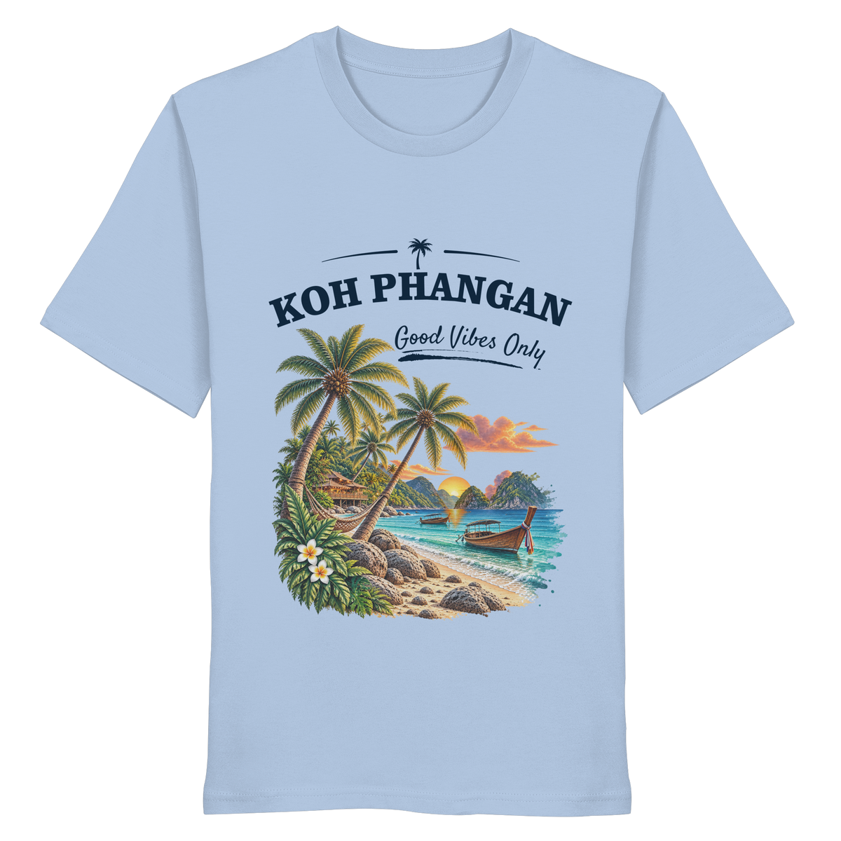 Koh Phangan Good Vibes Only – Bio T-Shirt – Original-Mockup organic shirt blue soul mit Frontprint