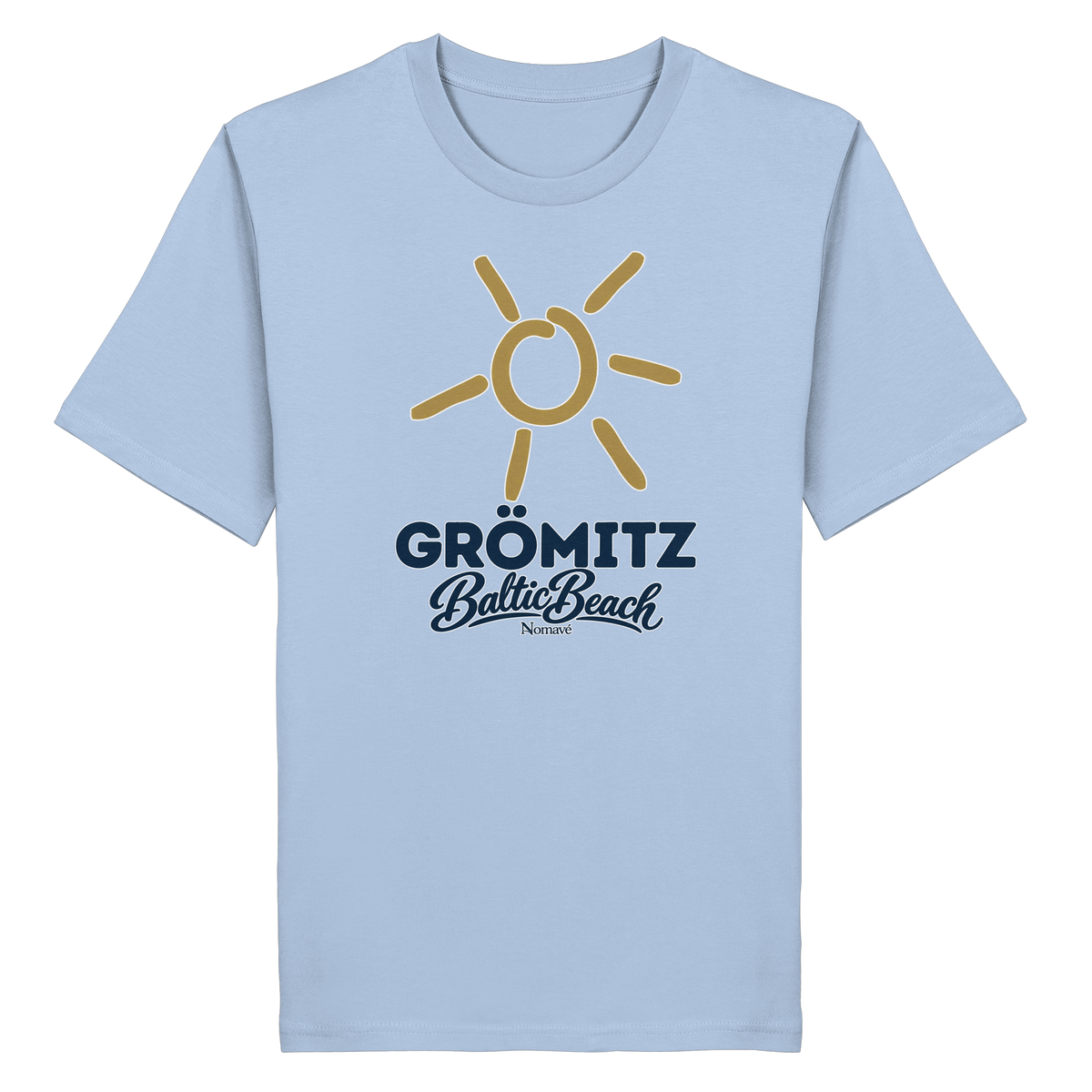 Bio Unisex T-Shirt Grömitz Sonne Baltic Beach – blue soul, Frontdruck mit goldener Sonne, Shirtigo-Originalmockup 9