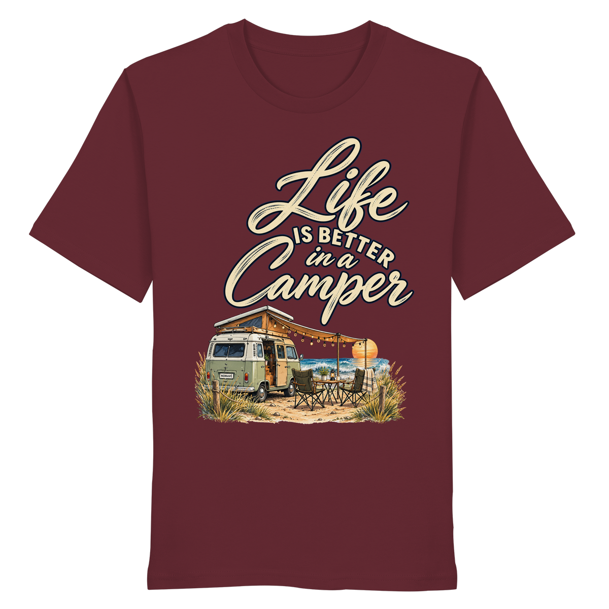 Bio T-Shirt in Burgundy mit „Life is better in a Camper“-Motiv – Vorderansicht für Vanlife- und Campingfans