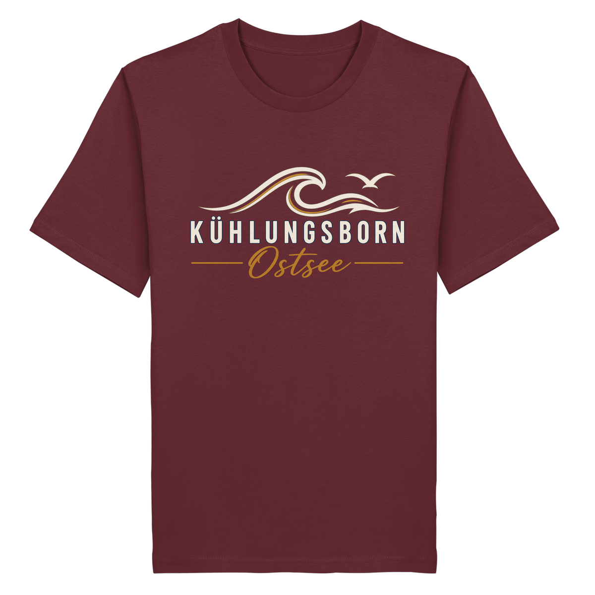 Kühlungsborn Baltic Waves Bio-Unisex-T-Shirt Dark Edition in Burgundy – originales Shirtigo-Produktmockup