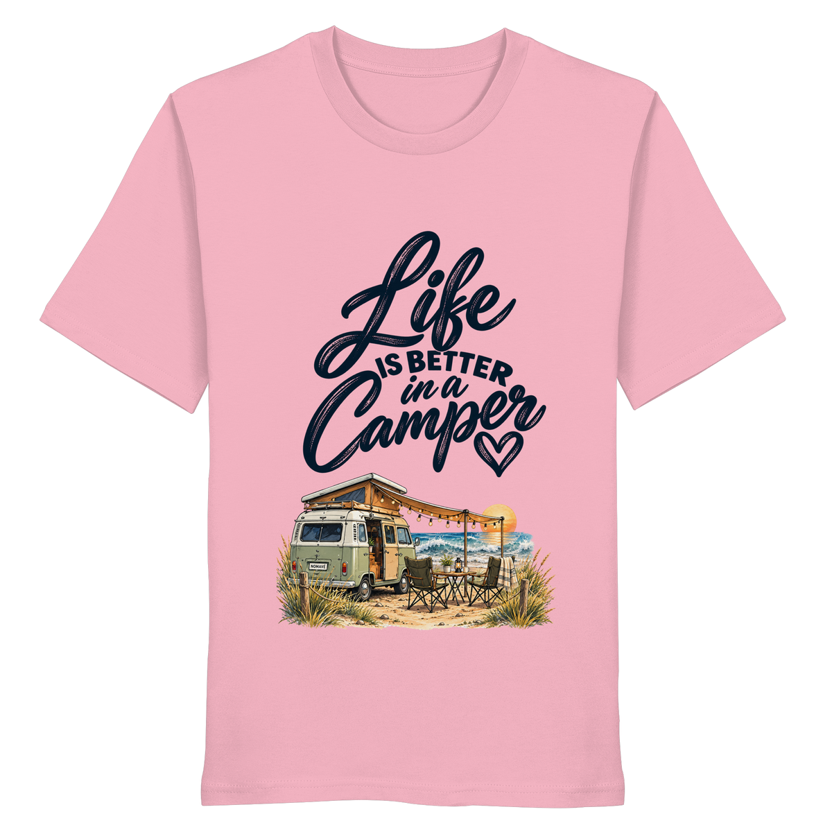 Bio T - Shirt mit „Life is better in a Camper“-Motiv – Vorderansicht in Cotton Pink für Vanlife- und Campingfans