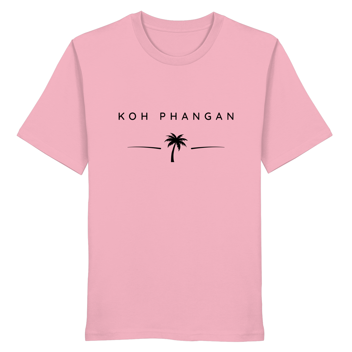 Frontansicht des Bio T-Shirt in Cotton Pink mit Koh Phangan Minimal Palm Frontprint