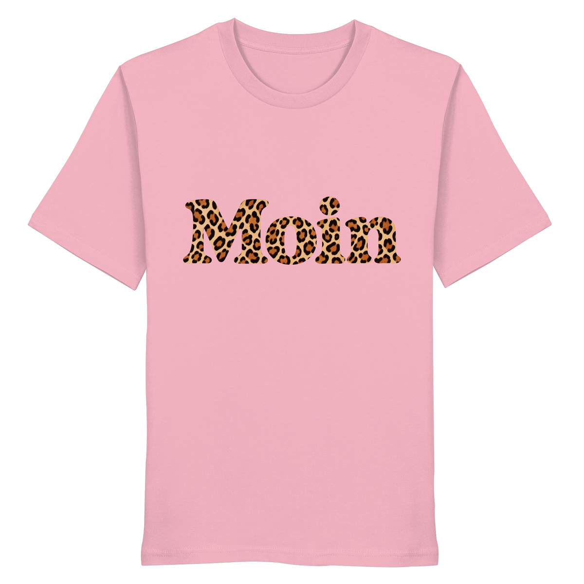 Original-Shirtigo-Mockup: Bio Unisex T-Shirt in Cotton Pink mit lesbarem „Moin“ im karamellfarbenen Leopardenmuster als Frontprint