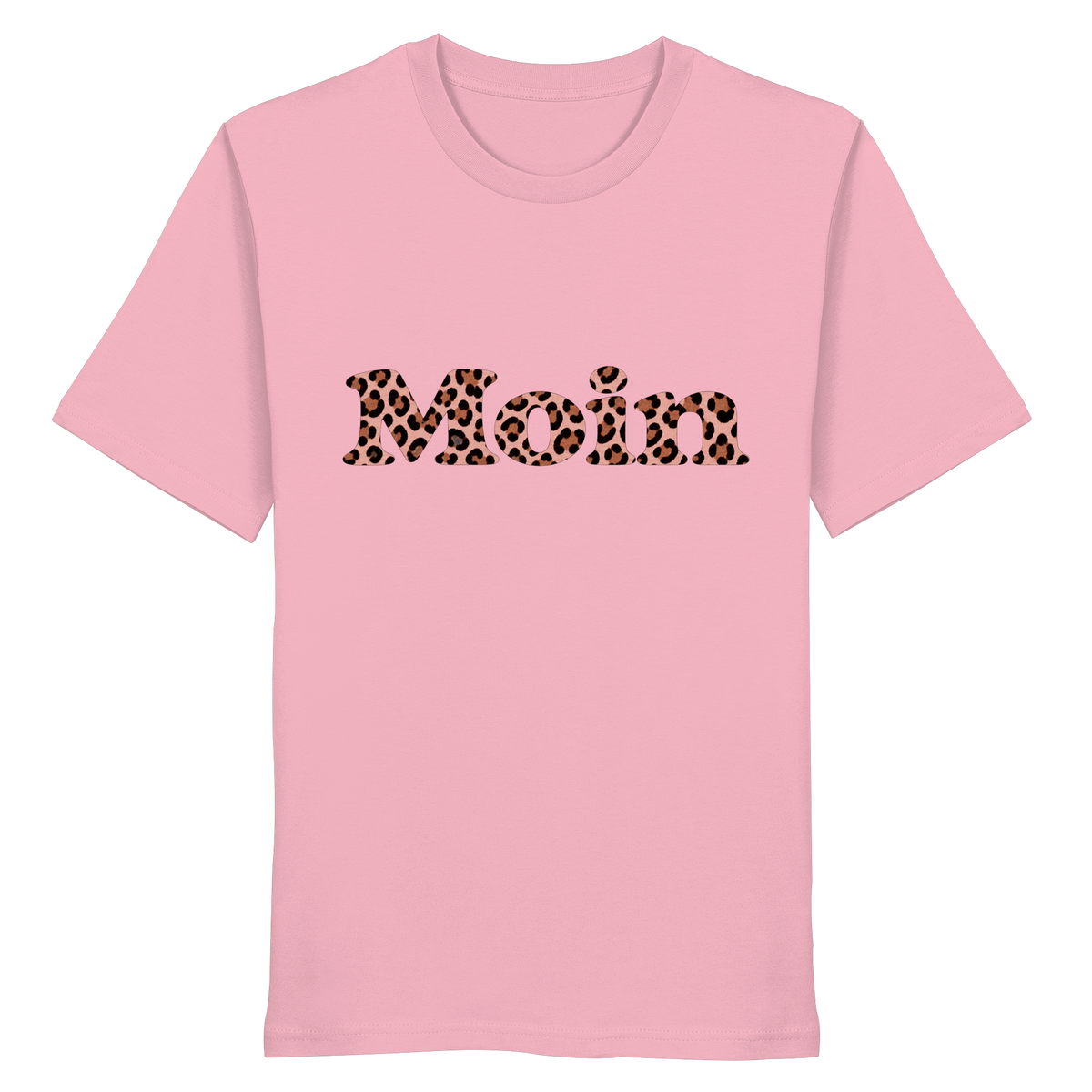 Bio-Unisex-T-Shirt in Cotton Pink von vorne mit Moin-Leo-Blush-Pink-Motiv.