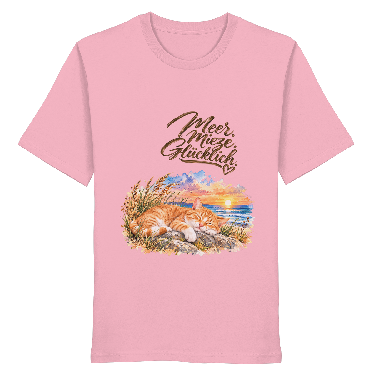 Original-Mockup des Unisex-Bio-T-Shirts in Cotton Pink mit Meer. Mieze. Glücklich.-Katzenmotiv auf der Vorderseite.