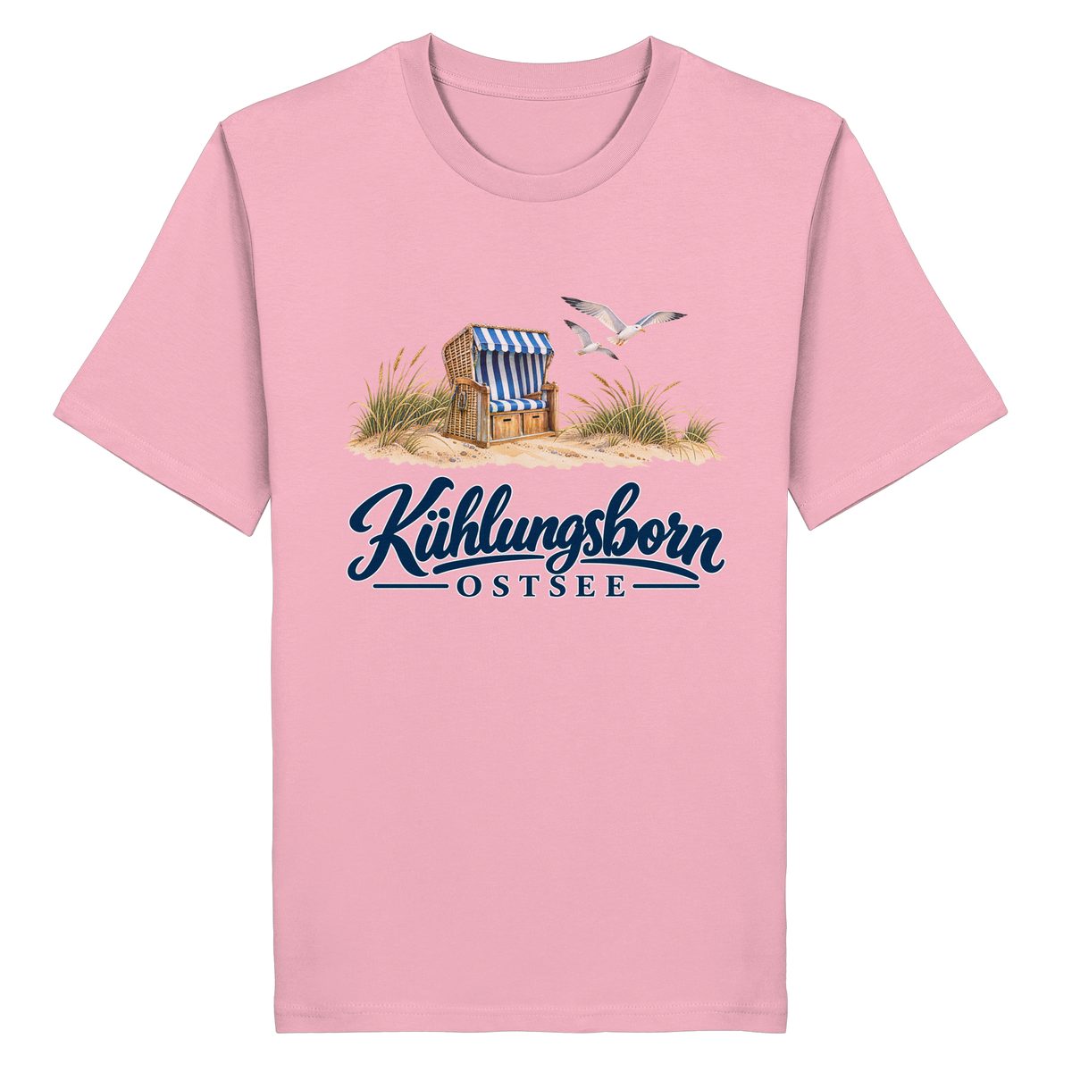 Bio-Unisex-T-Shirt Kühlungsborn – Strandkorb & Ostsee in Cotton Pink, Shirtigo-Originalmockup der Vorderseite mit Strandkorbmotiv.