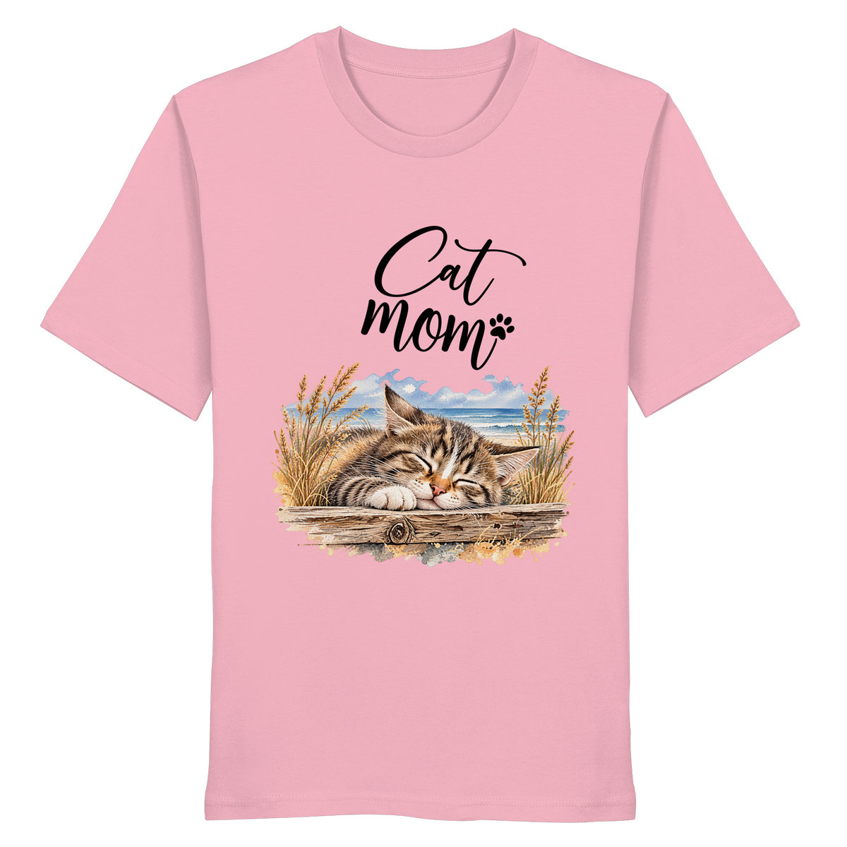 Unisex Bio-T-Shirt in Cotton Pink mit Cat-Mom-Katzenmotiv als Frontprint – Vorderansicht im Original-Mockup.