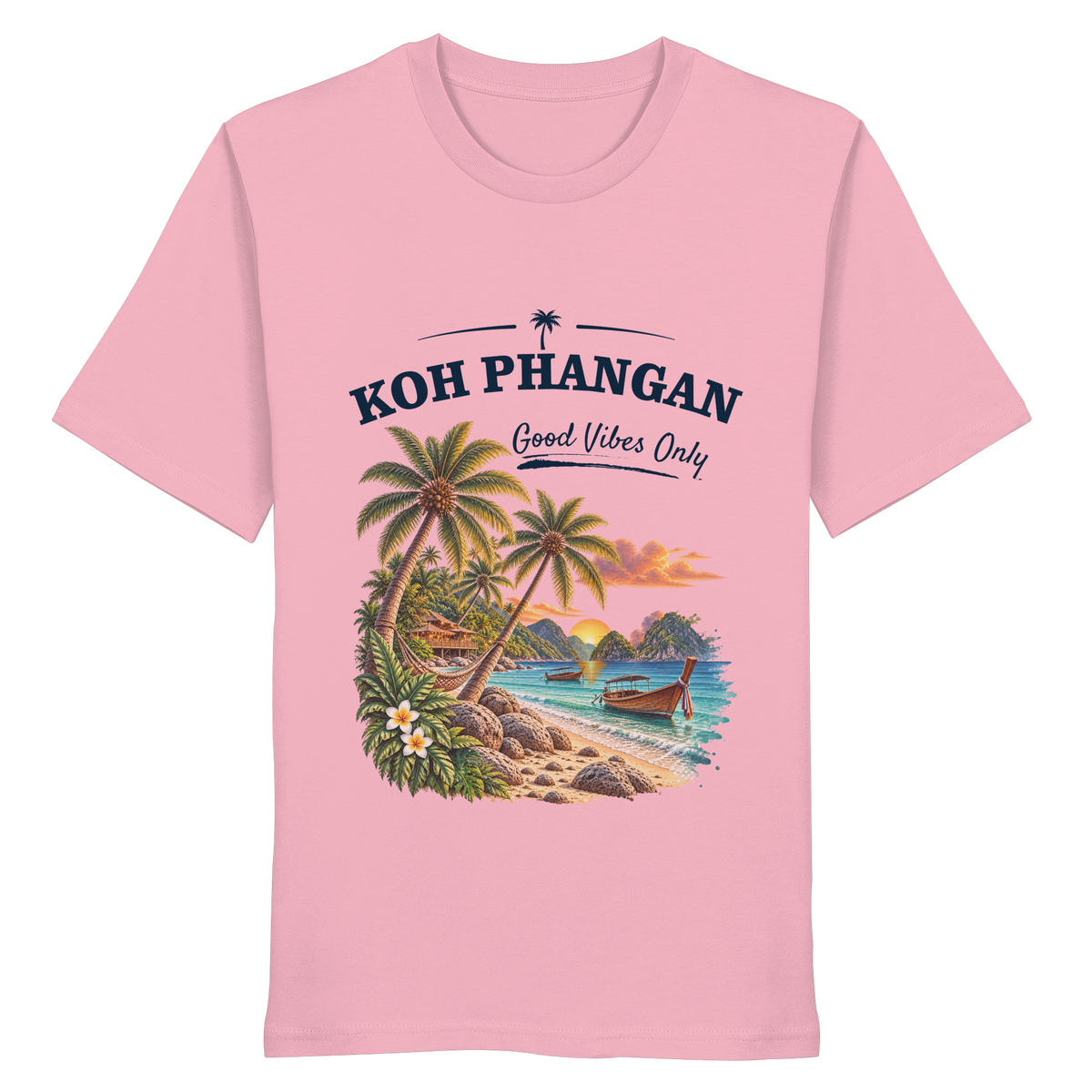 Koh Phangan Good Vibes Only – Bio T-Shirt – Original-Mockup organic shirt cotton pink mit Frontprint