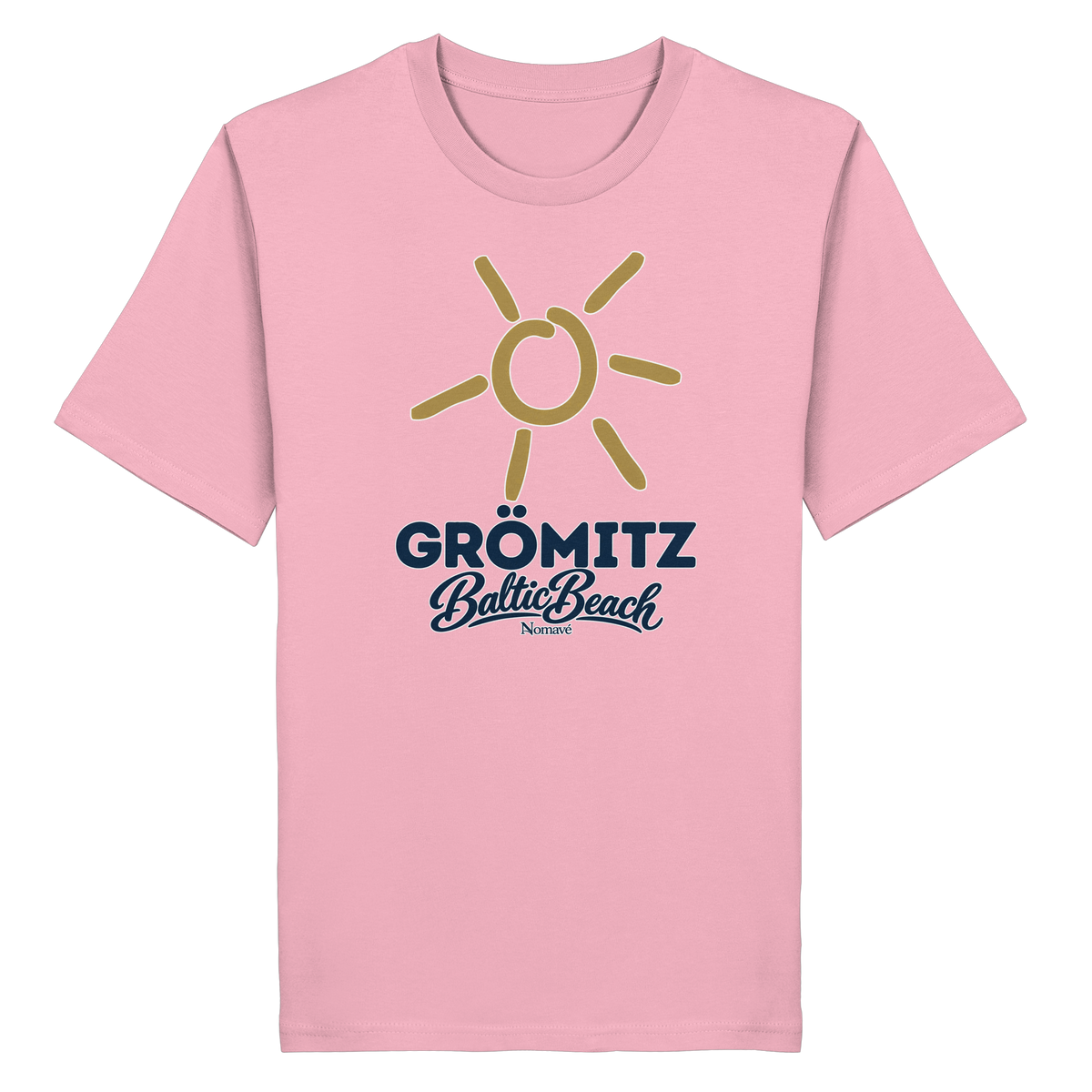 Bio Unisex T-Shirt Grömitz Sonne Baltic Beach – cotton pink, Frontdruck mit goldener Sonne, Shirtigo-Originalmockup 6