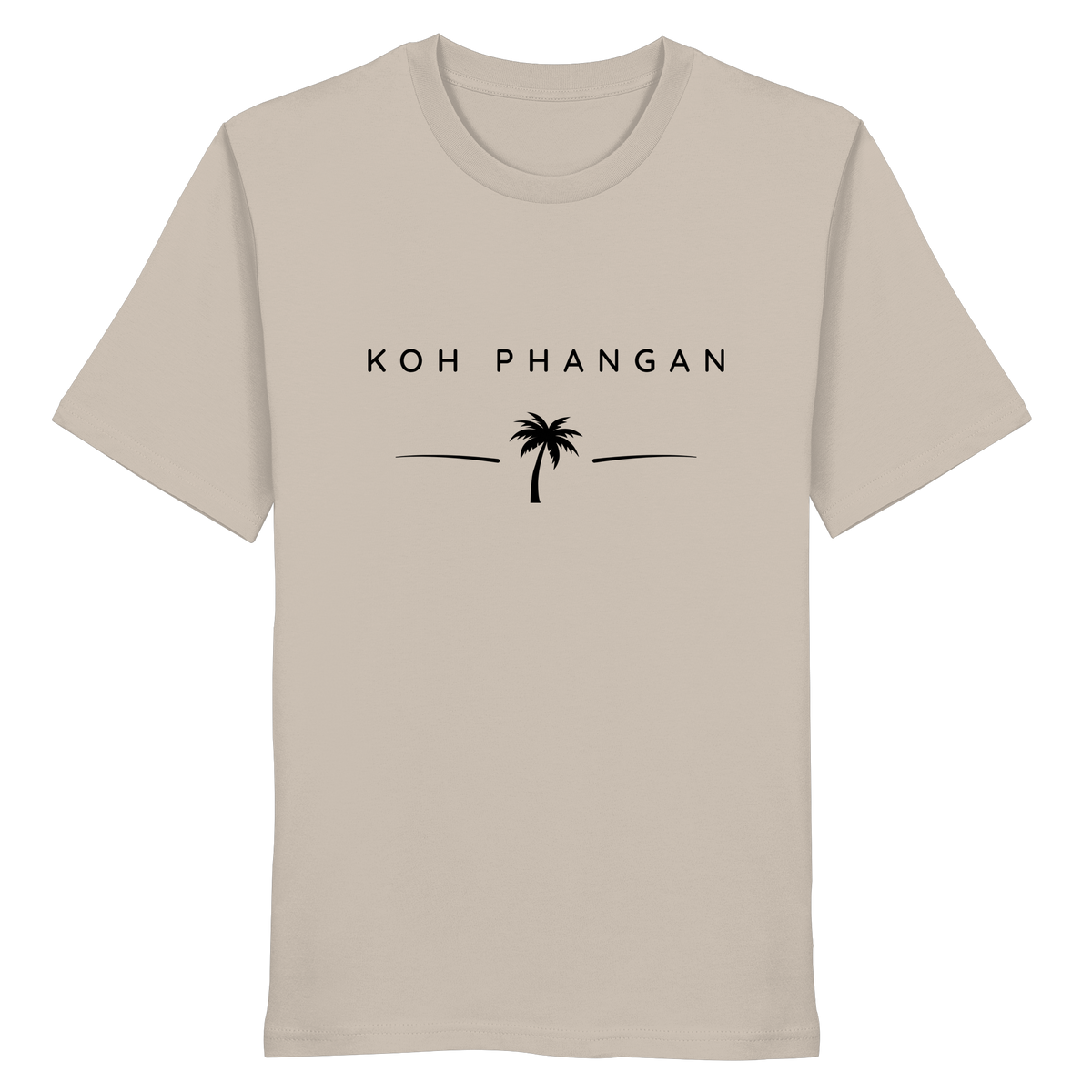 Frontansicht des Bio T-Shirt in Desert Dust mit Koh Phangan Minimal Palm Frontprint