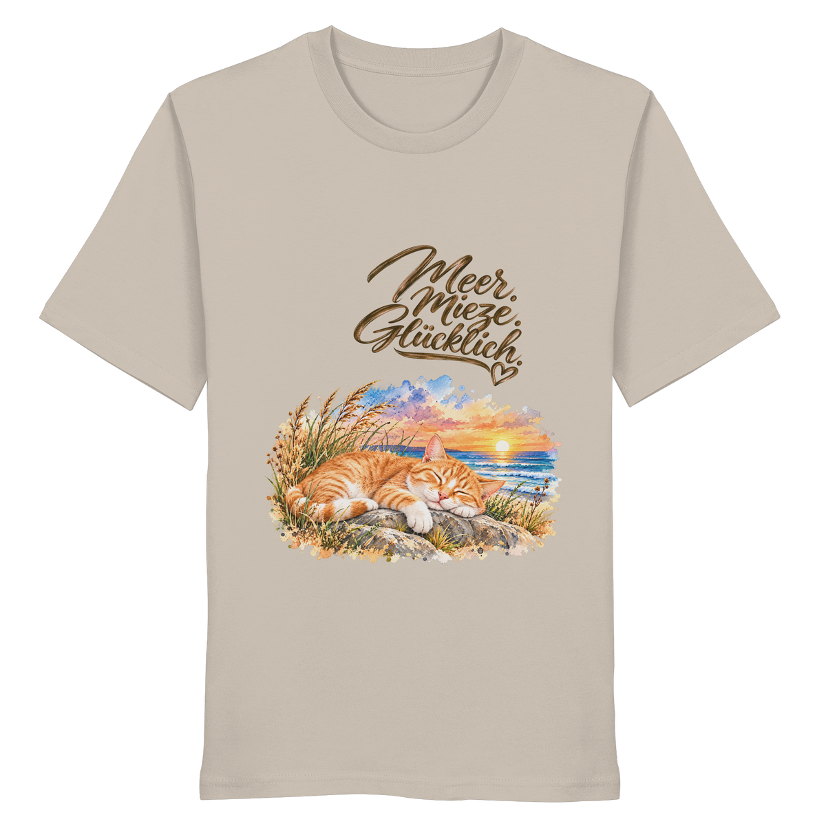Original-Mockup des Unisex-Bio-T-Shirts in Desert Dust mit Meer. Mieze. Glücklich.-Katzenmotiv auf der Vorderseite.