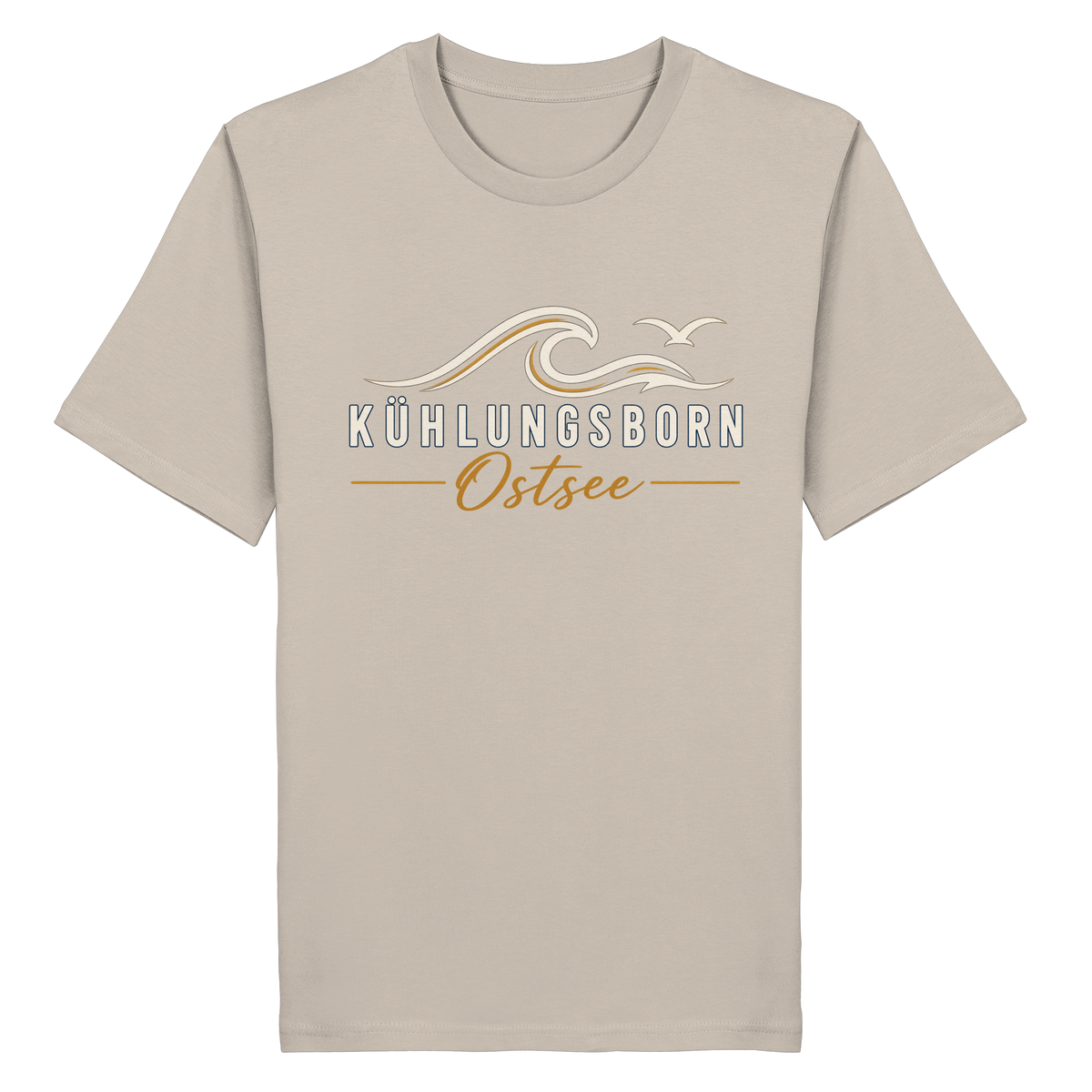 Kühlungsborn Baltic Waves Bio-Unisex-T-Shirt Dark Edition in Desert Dust – originales Shirtigo-Produktmockup