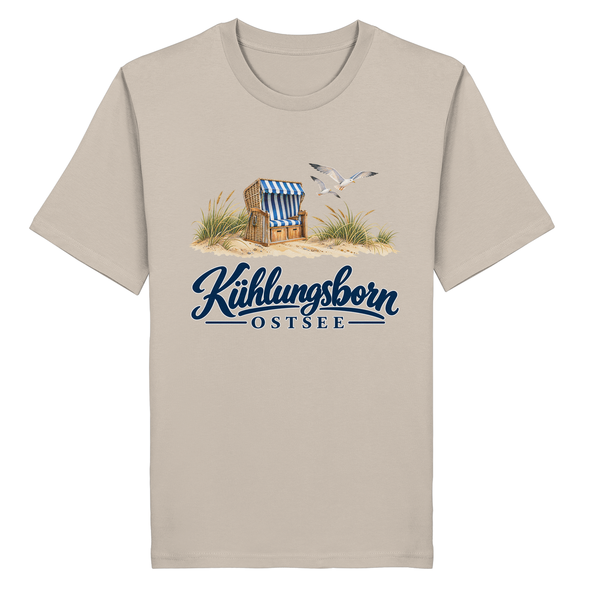 Bio-Unisex-T-Shirt Kühlungsborn – Strandkorb & Ostsee in Desert Dust, Shirtigo-Originalmockup der Vorderseite mit Strandkorbmotiv.