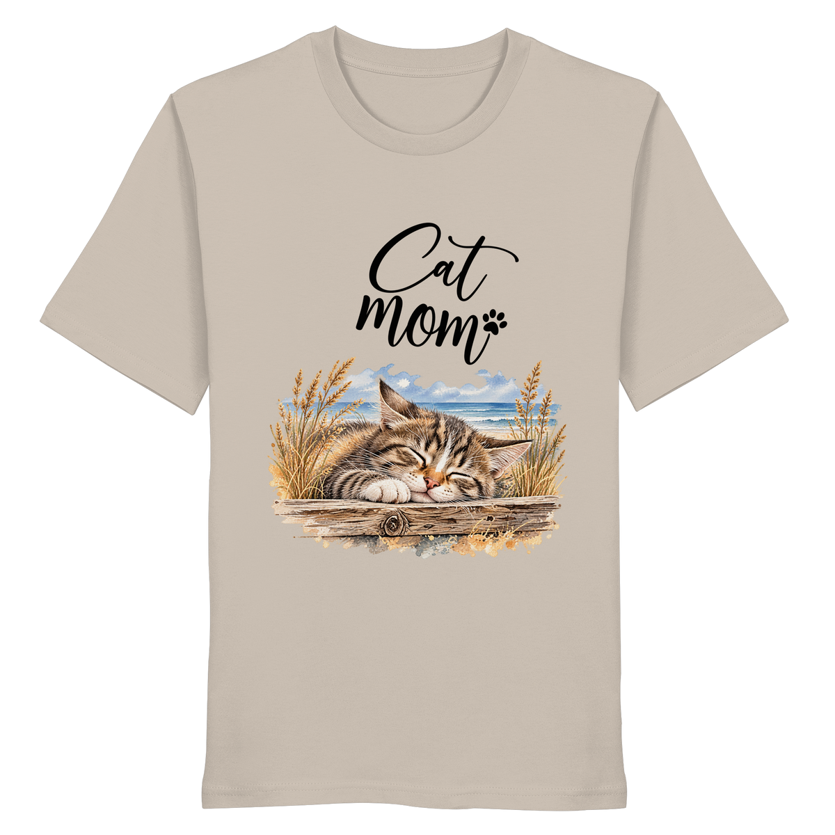 Unisex Bio-T-Shirt in Desert Dust mit Cat-Mom-Katzenmotiv als Frontprint – Vorderansicht im Original-Mockup.