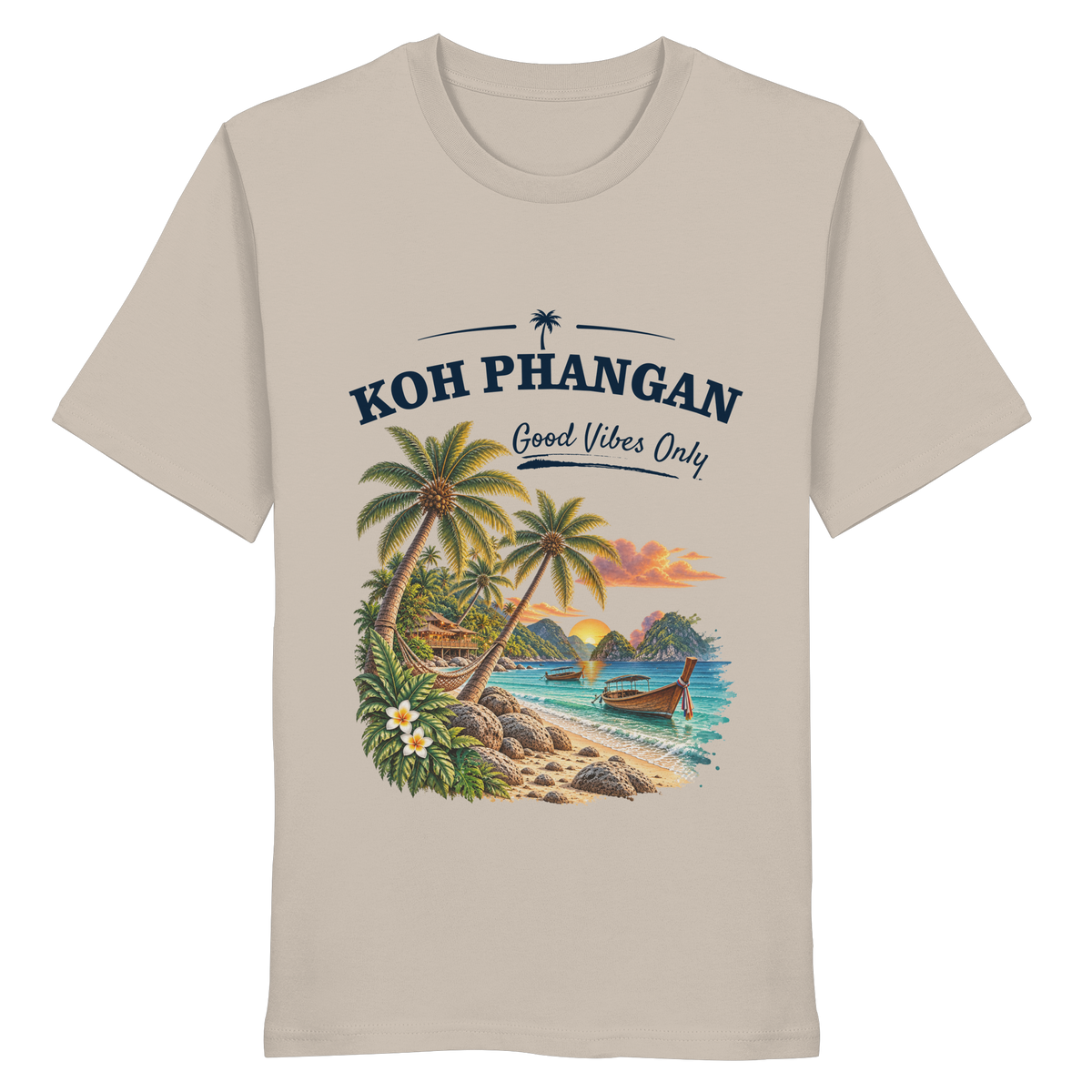 Koh Phangan Good Vibes Only – Bio T-Shirt – Original-Mockup organic shirt desert dust mit Frontprint