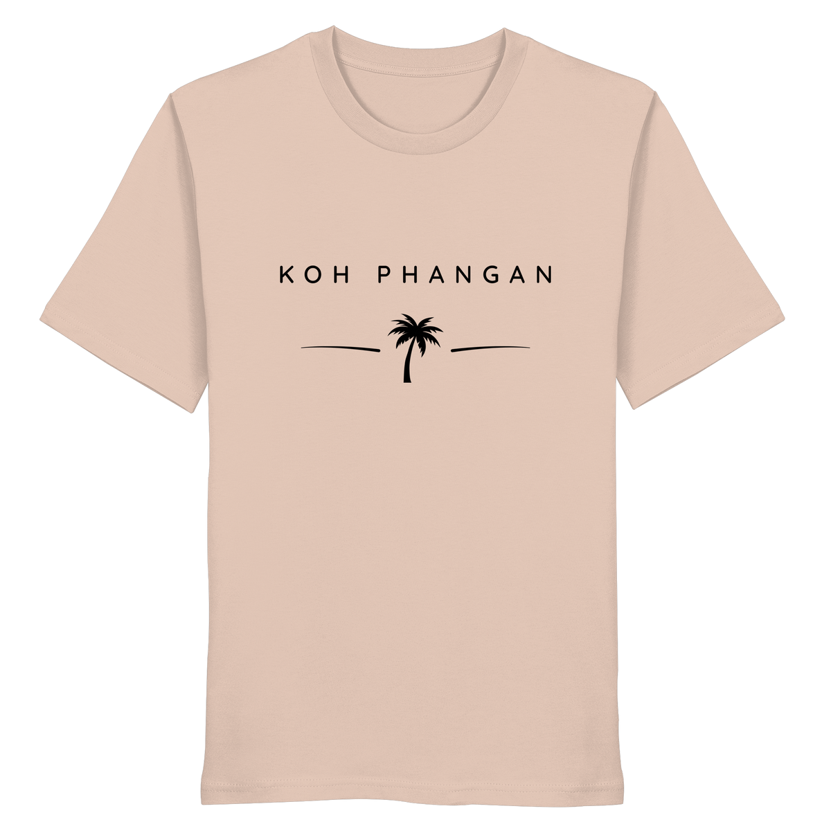Frontansicht des Bio T-Shirt in Fraiche Peche mit Koh Phangan Minimal Palm Frontprint