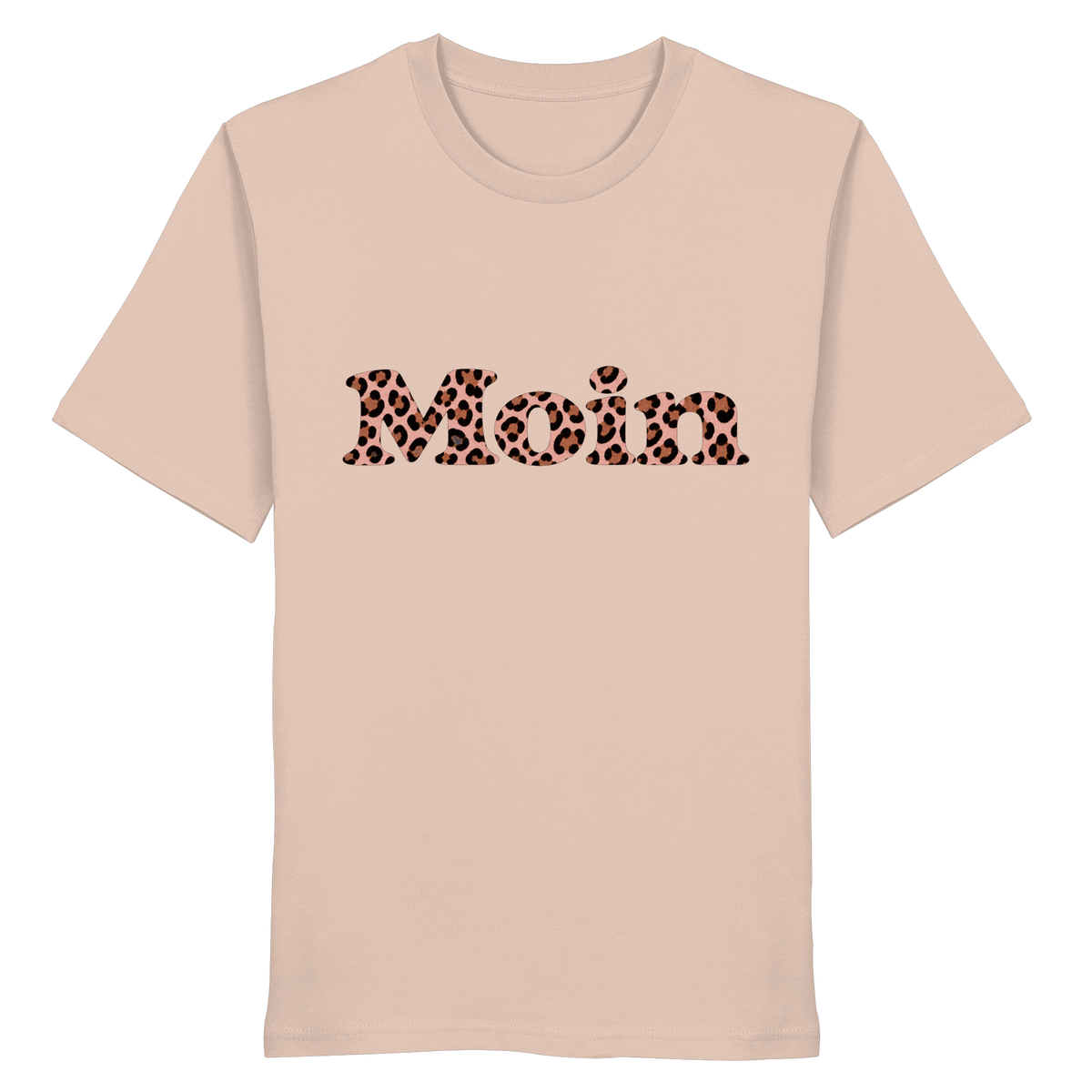 Bio-Unisex-T-Shirt in Fraiche Peche von vorne mit Moin-Leo-Blush-Pink-Motiv.