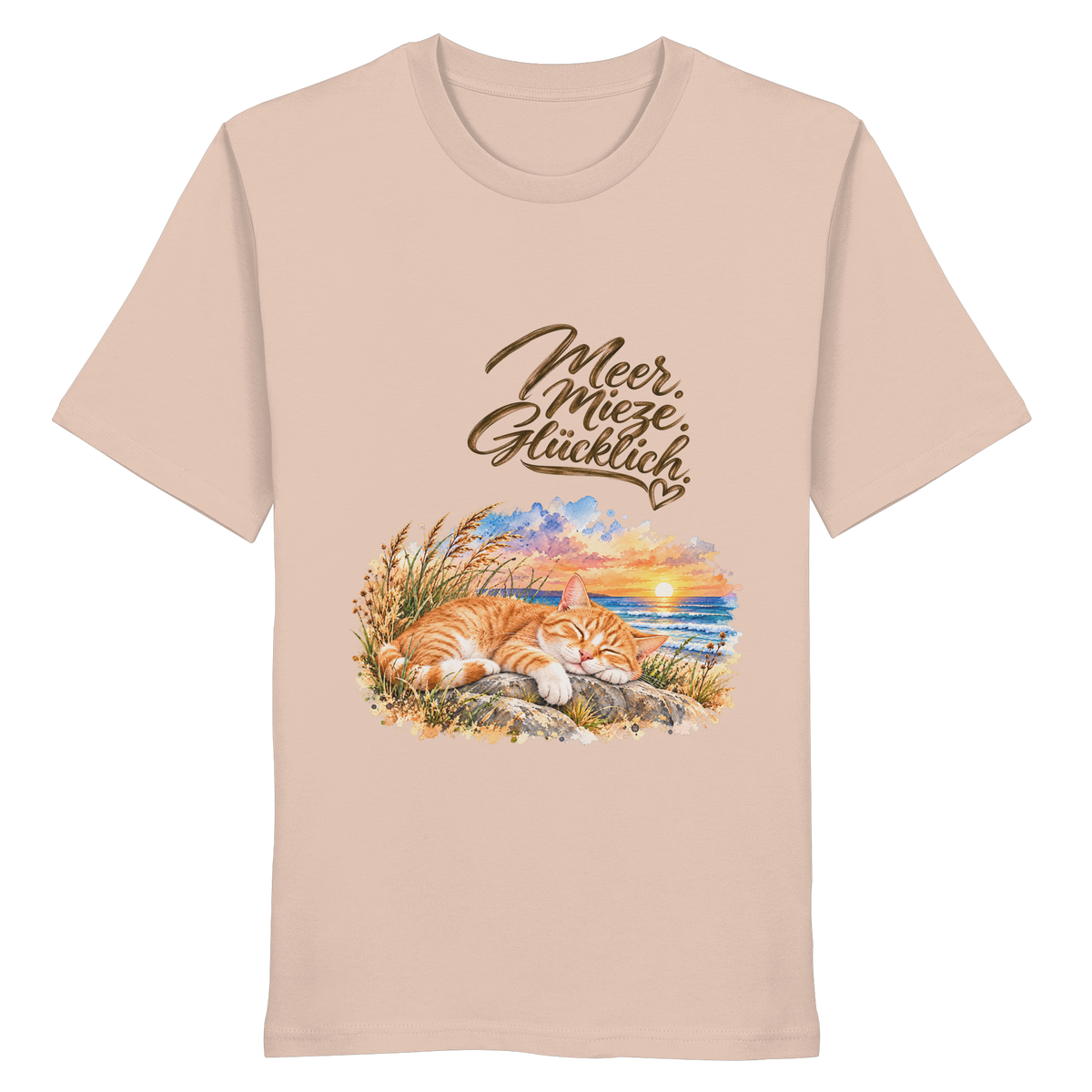 Original-Mockup des Unisex-Bio-T-Shirts in Fraiche Peche mit Meer. Mieze. Glücklich.-Katzenmotiv auf der Vorderseite.