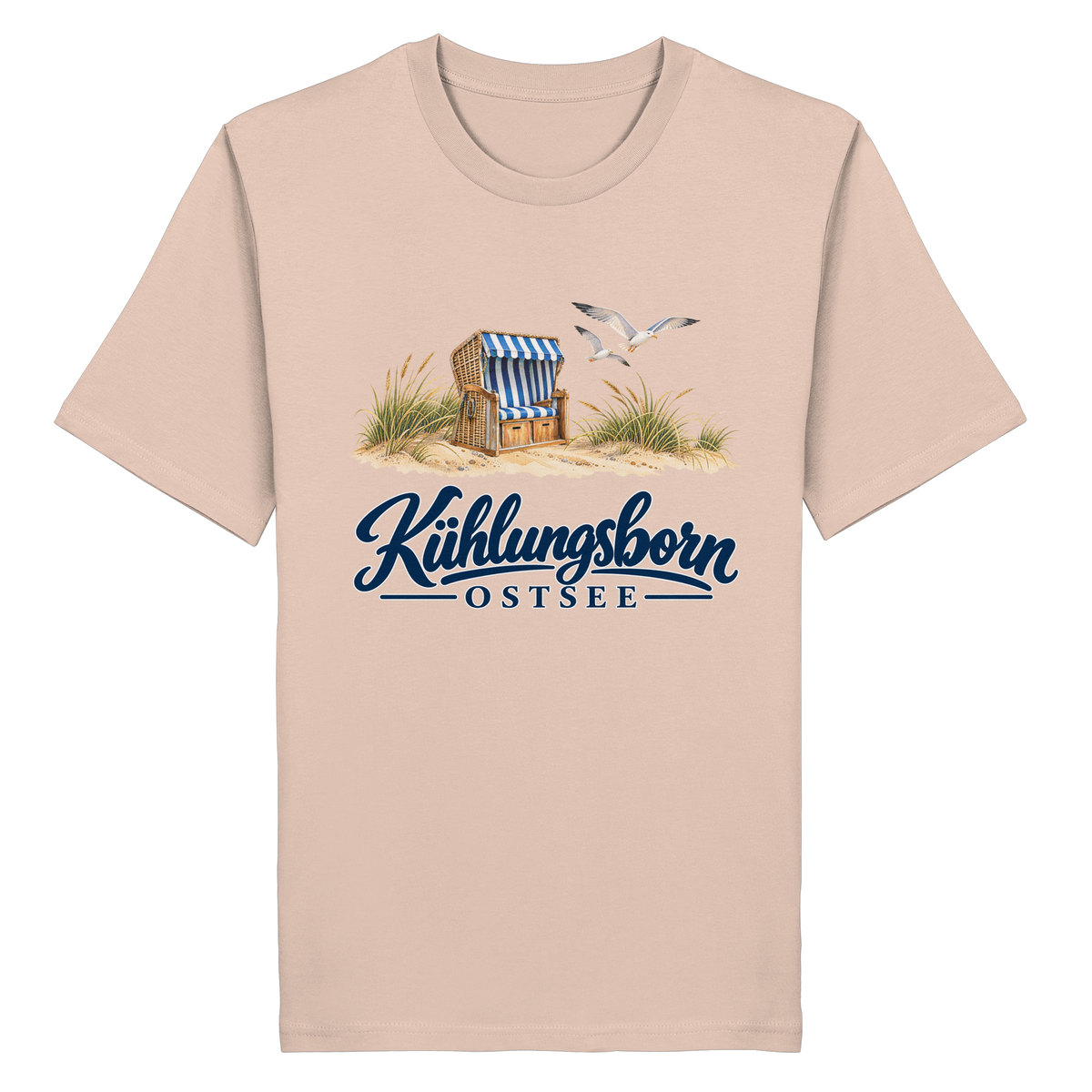 Bio-Unisex-T-Shirt Kühlungsborn – Strandkorb & Ostsee in Fraiche Peche, Shirtigo-Originalmockup der Vorderseite mit Strandkorbmotiv.
