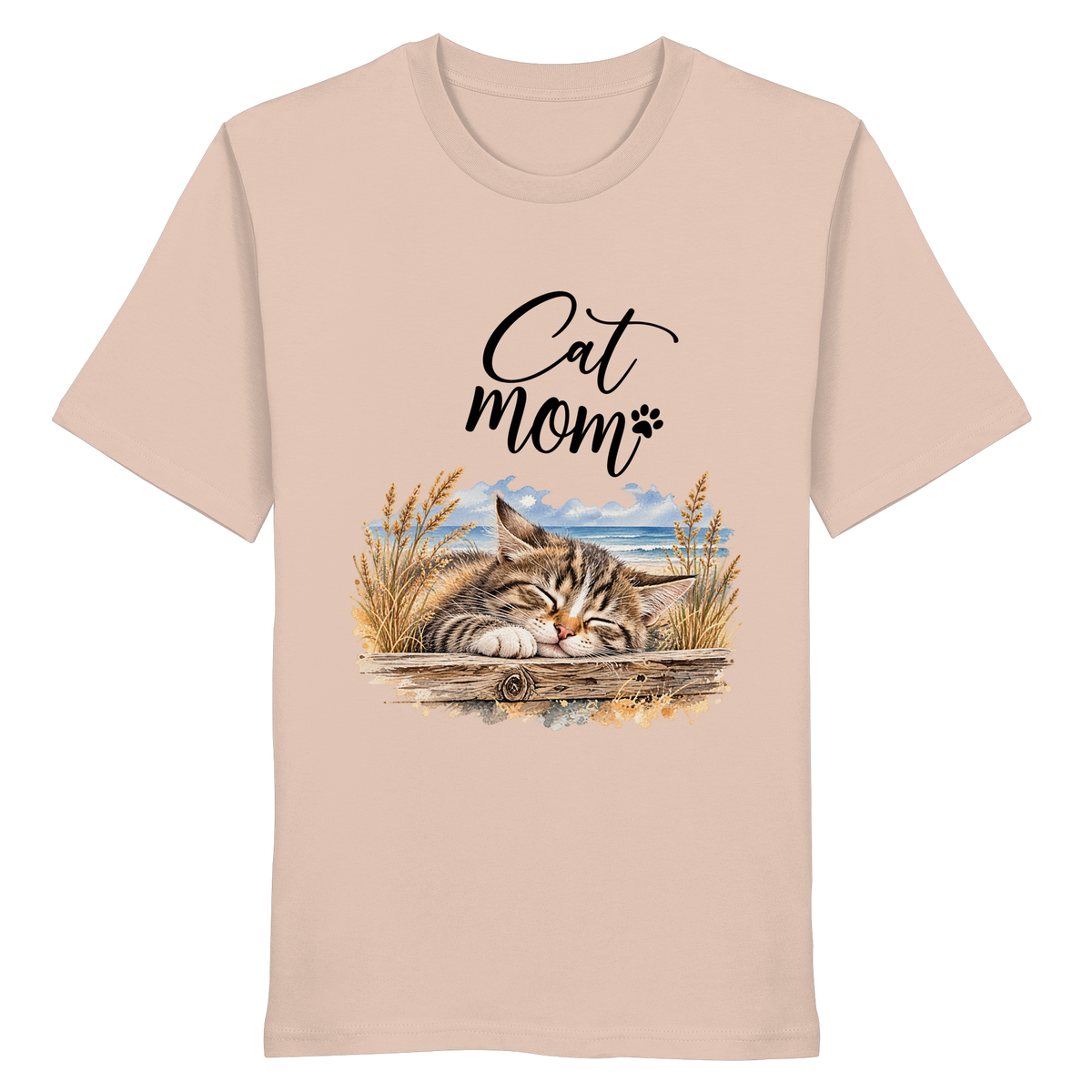 Unisex Bio-T-Shirt in Fraiche Peche mit Cat-Mom-Katzenmotiv als Frontprint – Vorderansicht im Original-Mockup.