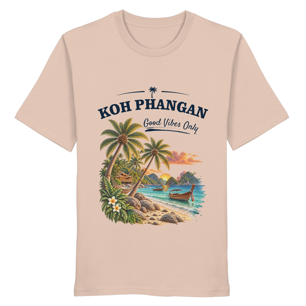 Koh Phangan Good Vibes Only – Bio T-Shirt – Original-Mockup organic shirt fraiche peche mit Frontprint